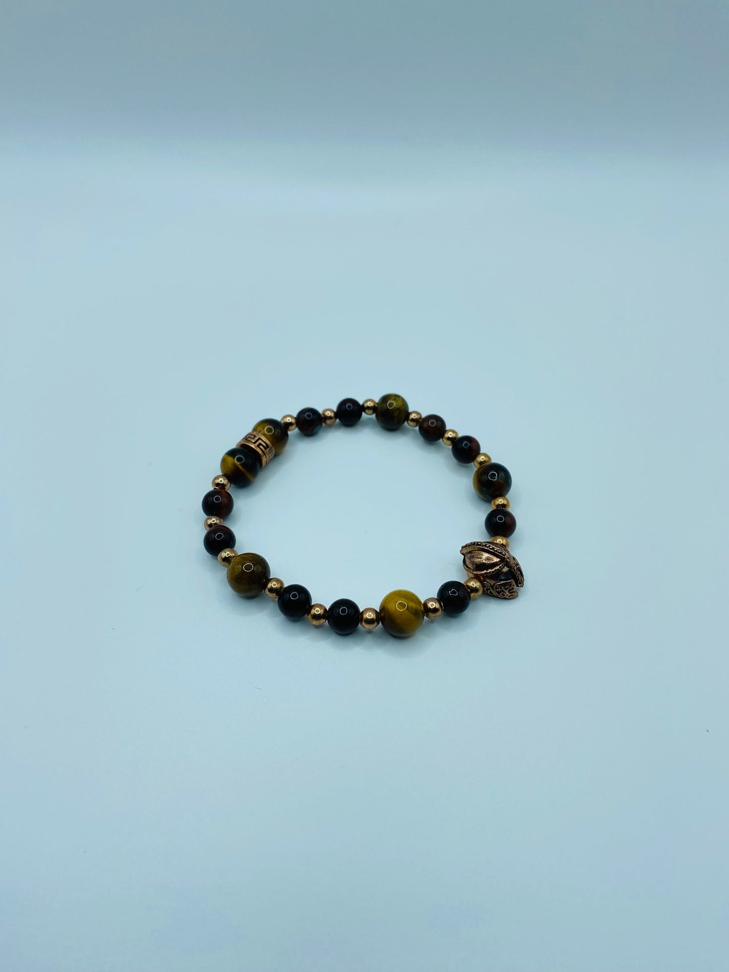 Rose Gold Spartan Helmet Bracelet: Tiger's Eye Gemstone Beaded Bracelet