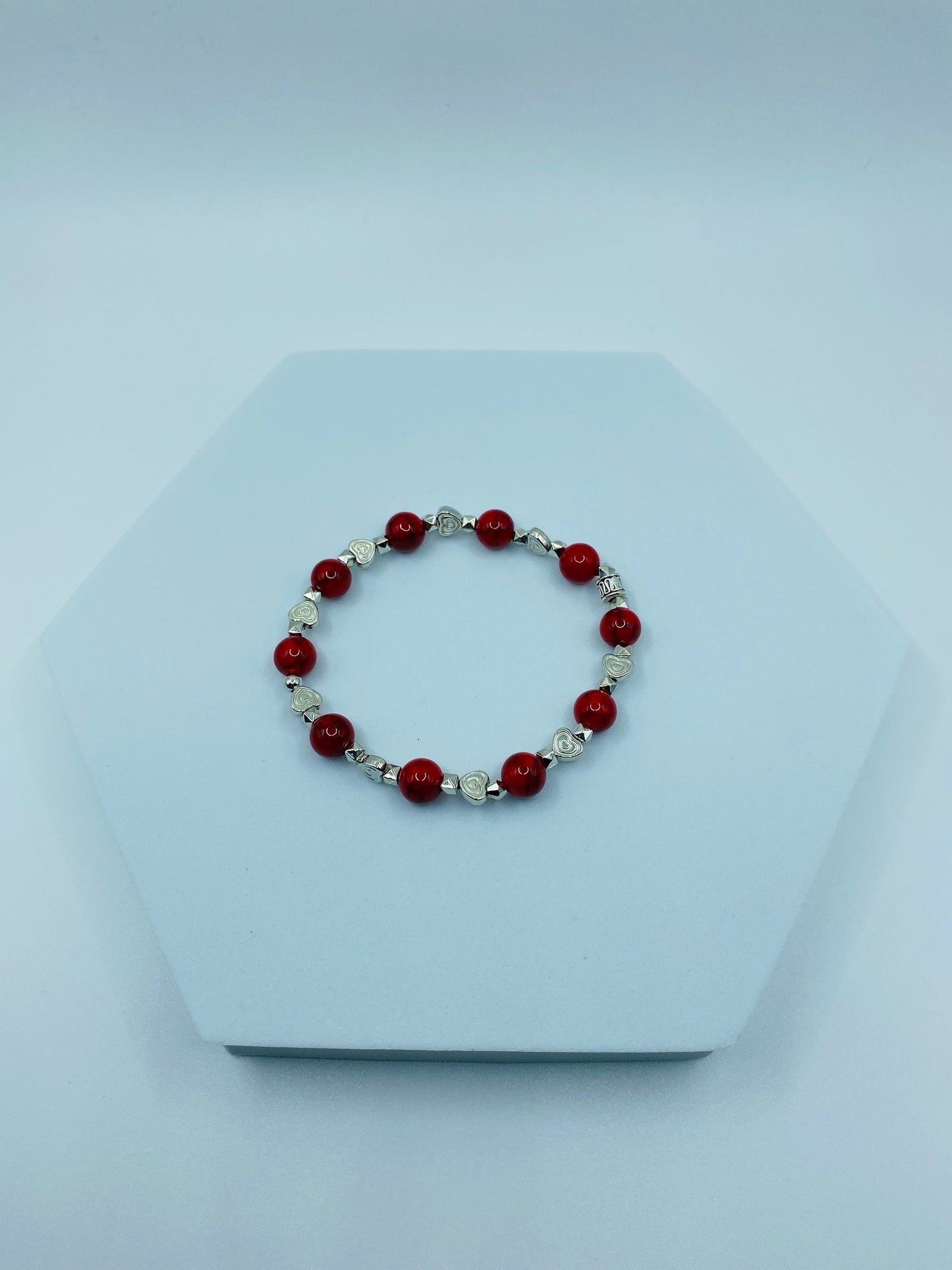 Red Turquoise Bracelet with White Gold Heart Charms