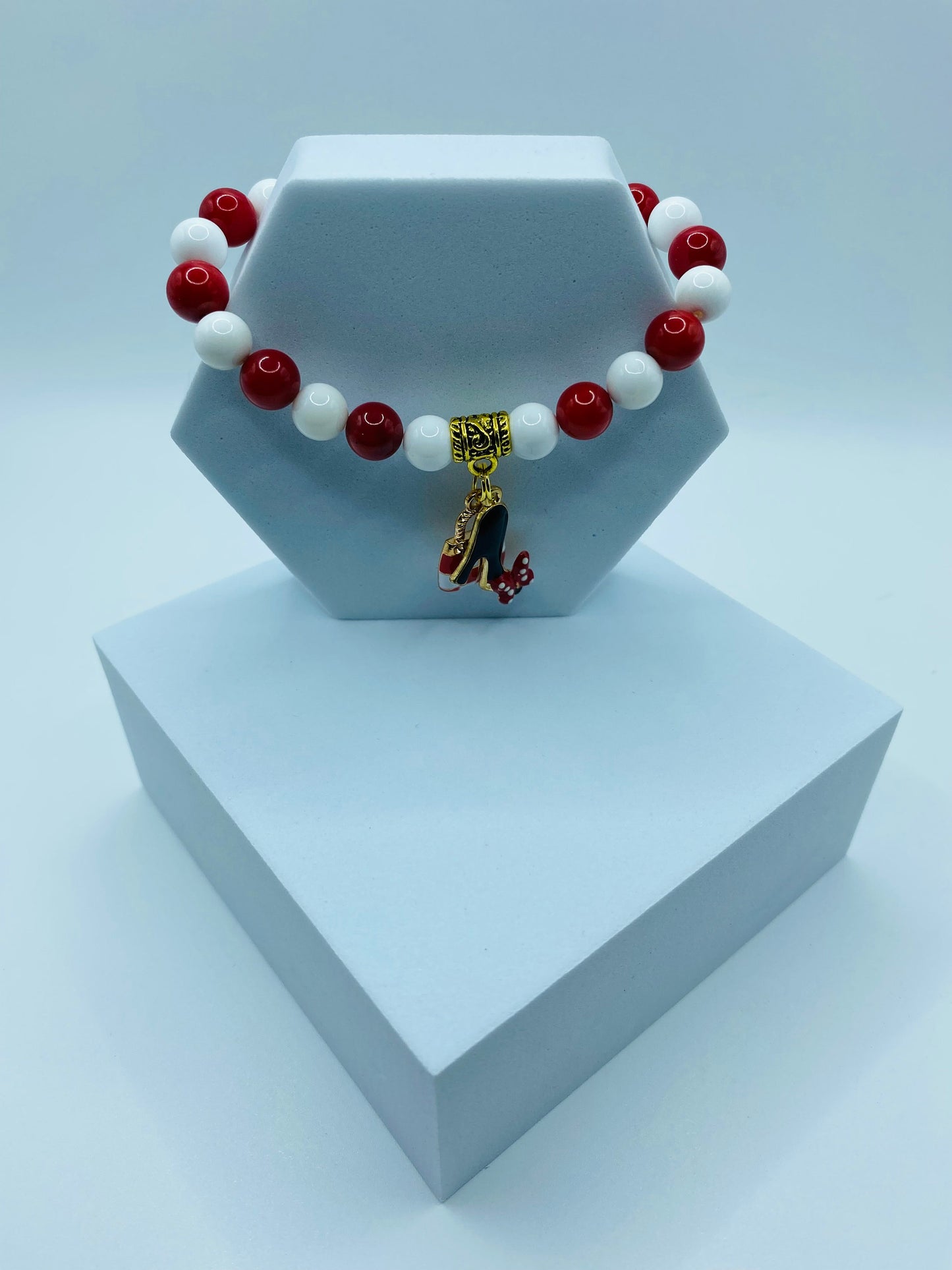 Charm Bracelets with Purse Charm & Shoe Charms - Red Coral, White Porcelain Gemstone Beads - Gifts for Her