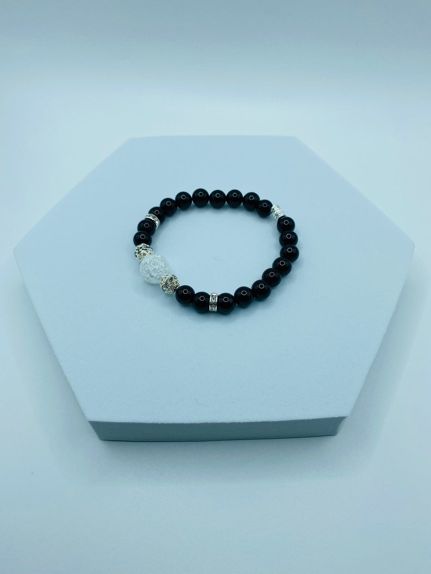 Handmade Black Onyx Bracelet: Crackle Quartz Crystal, Silver Accents