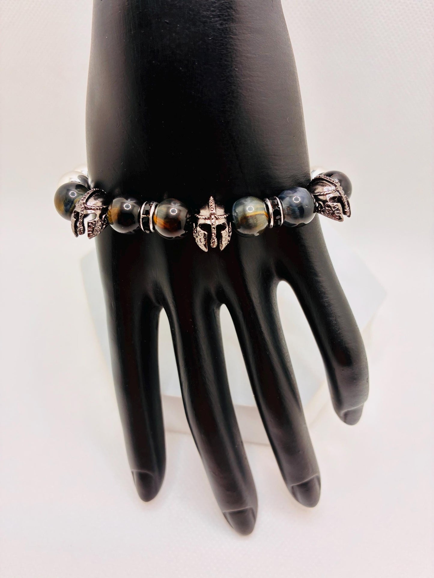 Mens Spartan Helmet Bracelet: Silver Hematite & Obsidian Gemstone Beads, Medieval Jewelry