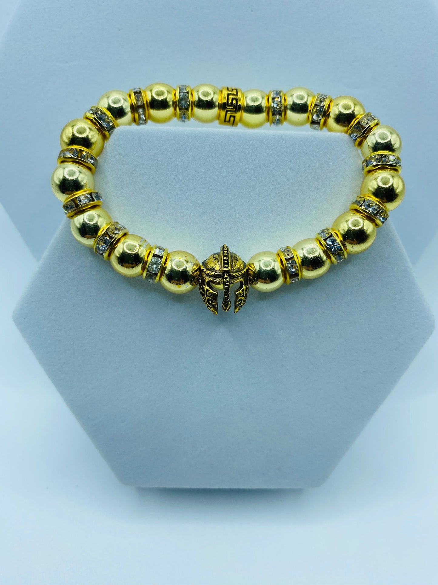 Mens Gold Hematite Bracelet: Spartan Helmet Charm, Rhinestone Rondelle Accents