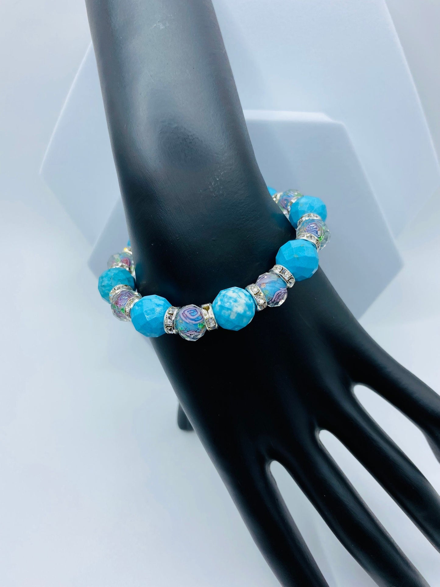 Turquoise Bracelet Custom Jewelry with Lampwork Flower Glass Beads - Mens Bracelet - Bracelets for Women