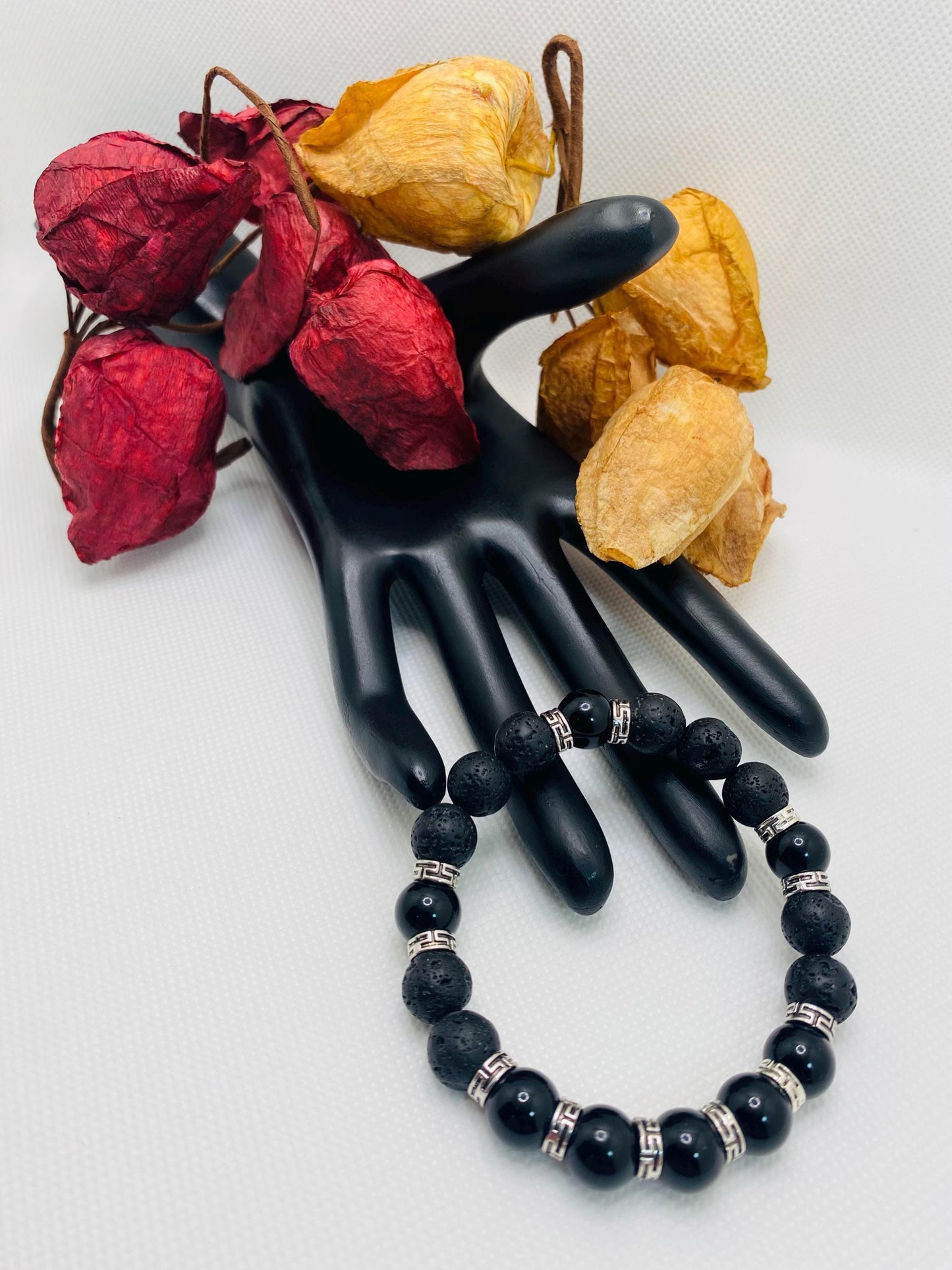 Black Onyx & Lava Rock Bracelet with Tibetan Spacers