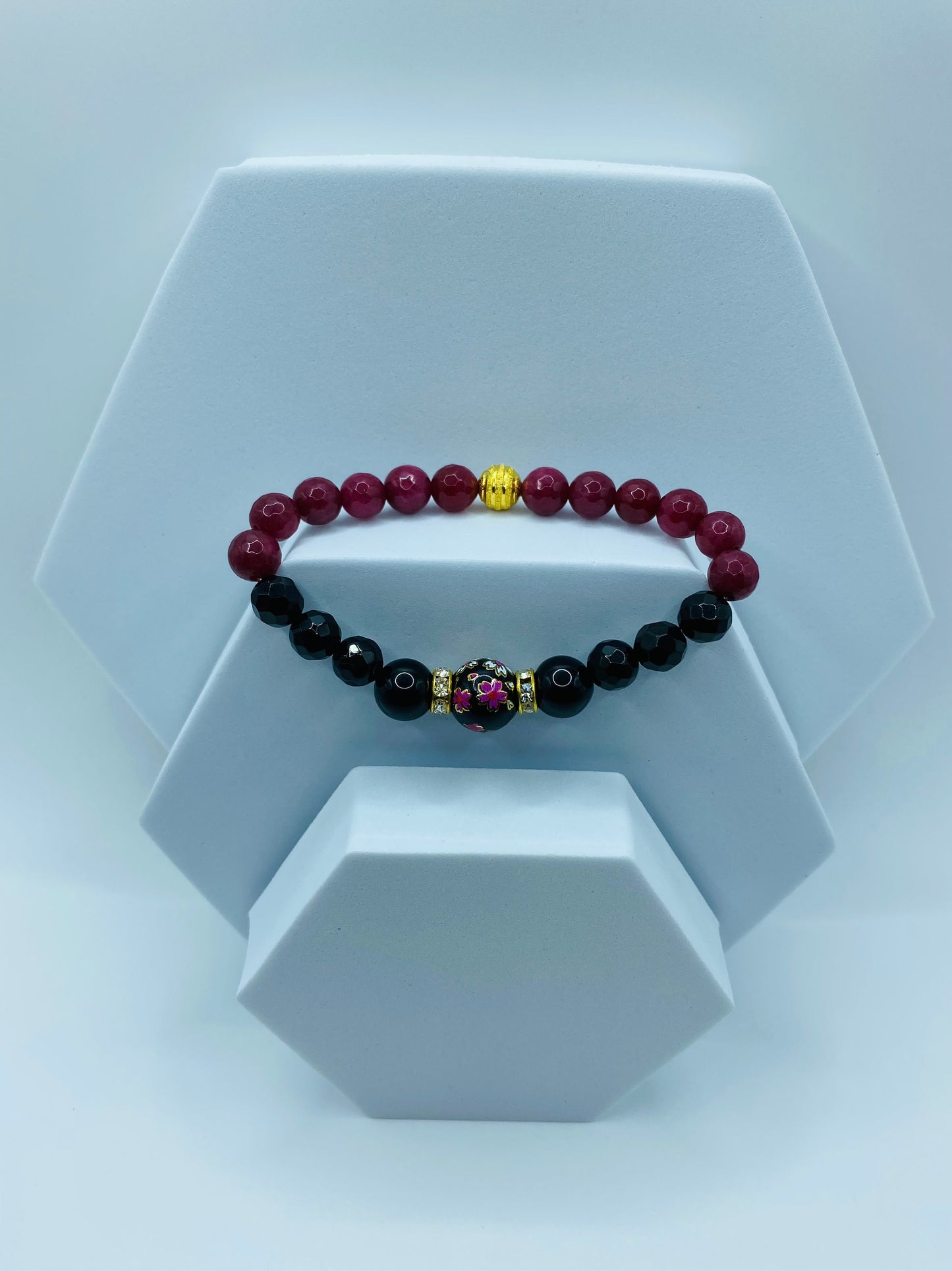 Black Onyx & Red Jade Gemstone Bracelet with Floral Lampwork Bead