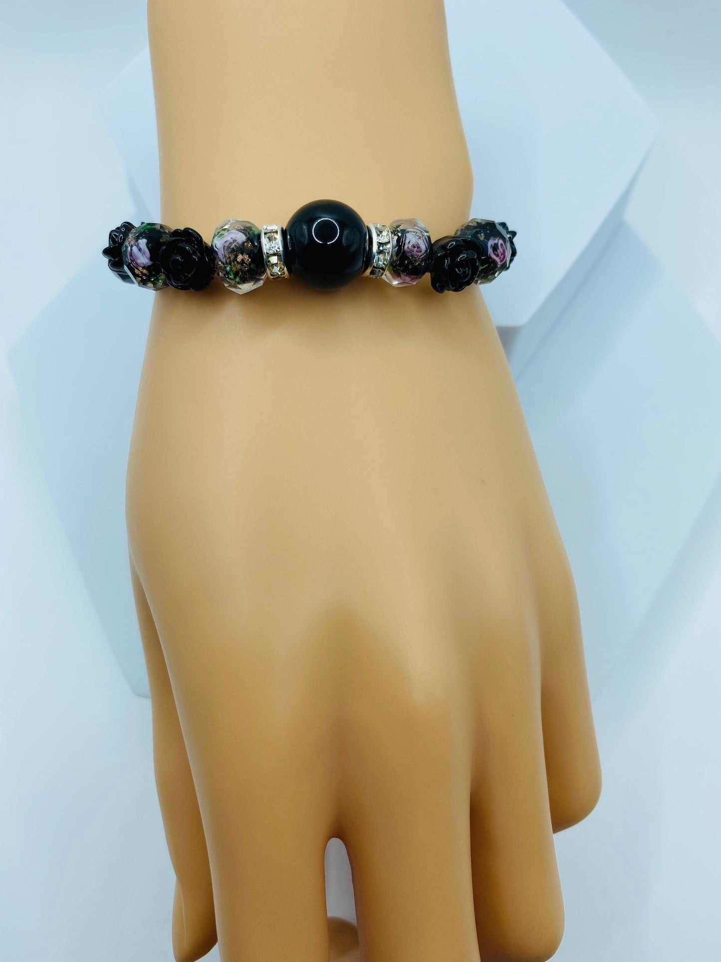 Black Onyx Bracelet: Lampwork Floral Glass Beads & Roses