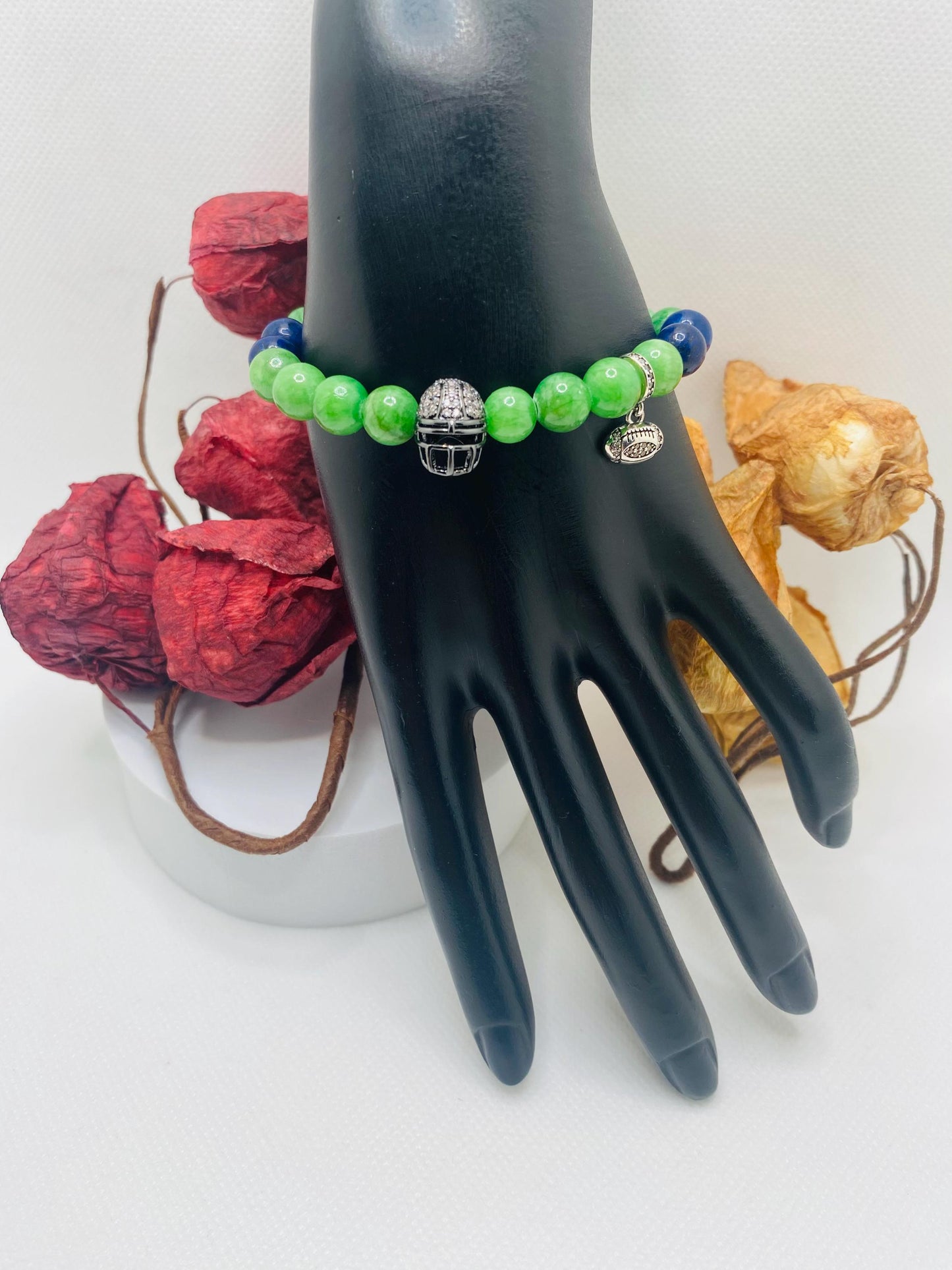 Seattle Seahawks Beaded Bracelet: Chalcedony, Lapis Lazuli, Football Charms