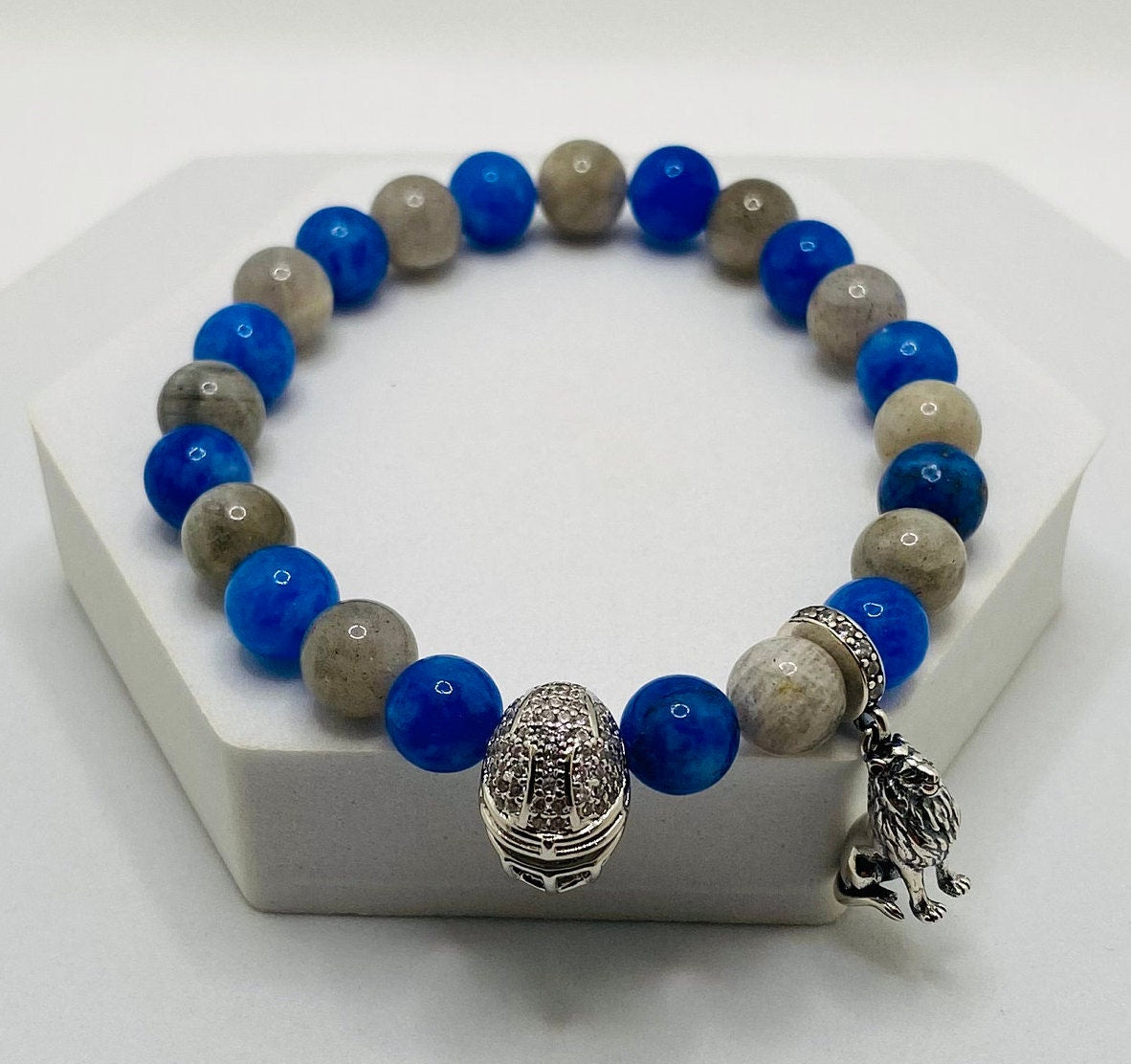 Detroit Lions Charm Bracelet: Labradorite & Kyanite Gemstone Beads