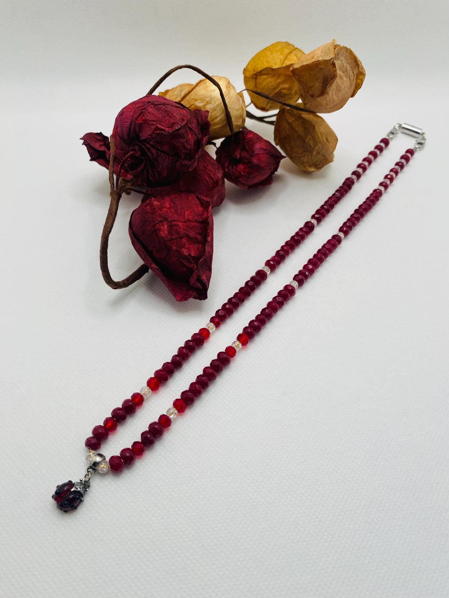 Handmade Red Jade Necklace: Ladybug Charm, Crystal Quartz Beads