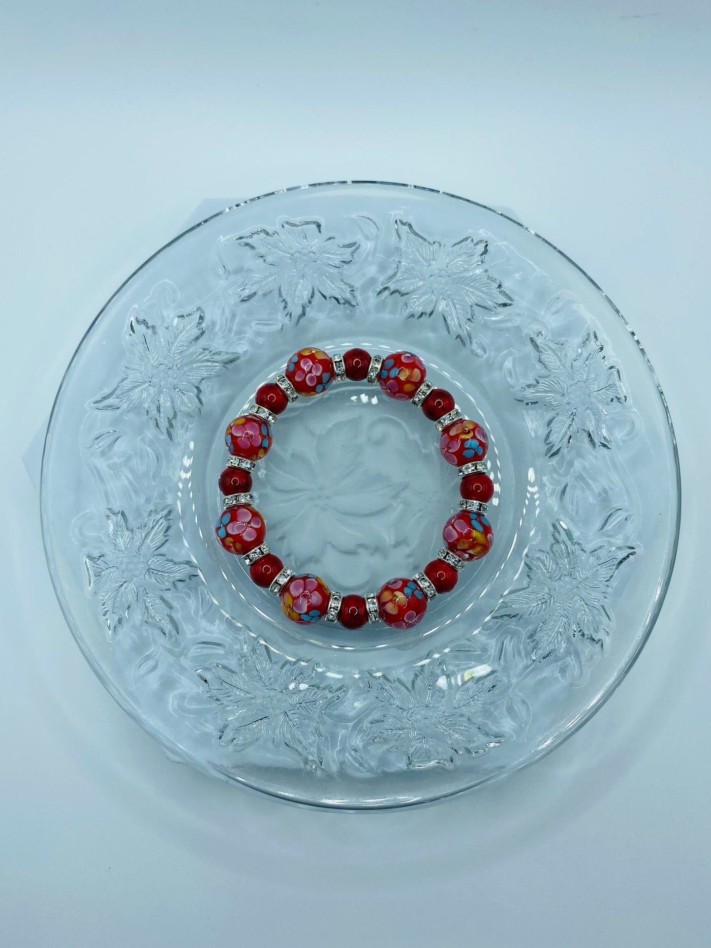 Red Lampwork Flower Bracelet: Turquoise & Rhinestone Beaded Jewelry