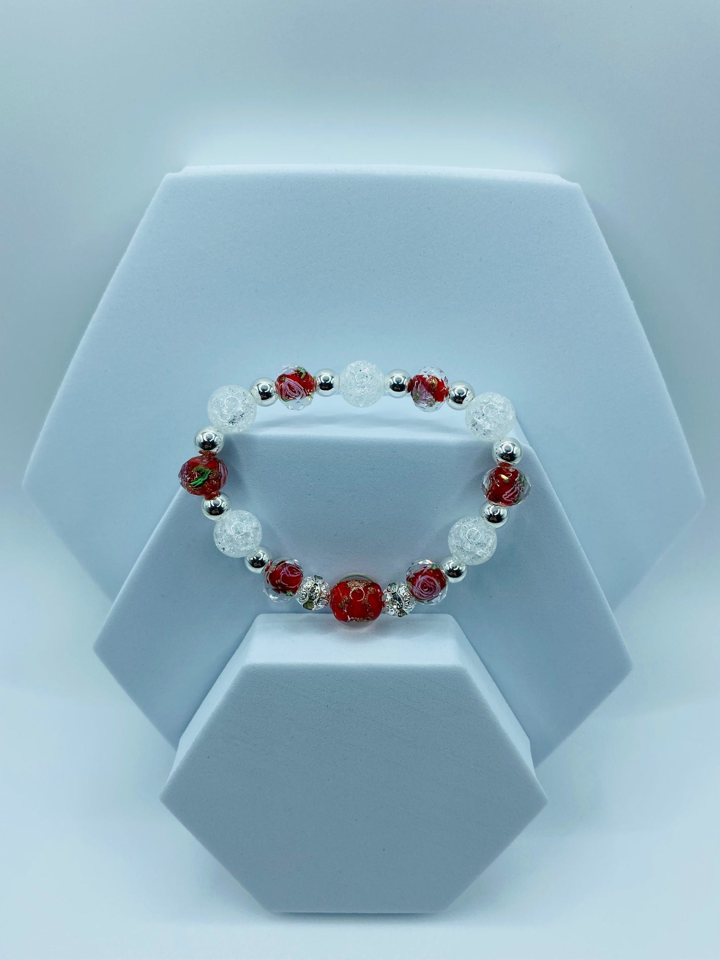 Lampwork Floral Glass Bead Bracelet: Crystal Quartz & Hematite