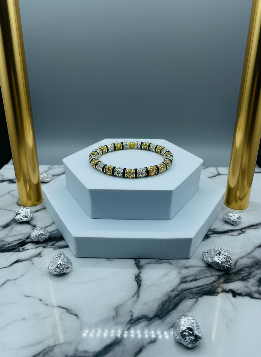 Mens Rhinestone Bracelet: Gold & Silver Plated CZ Beads