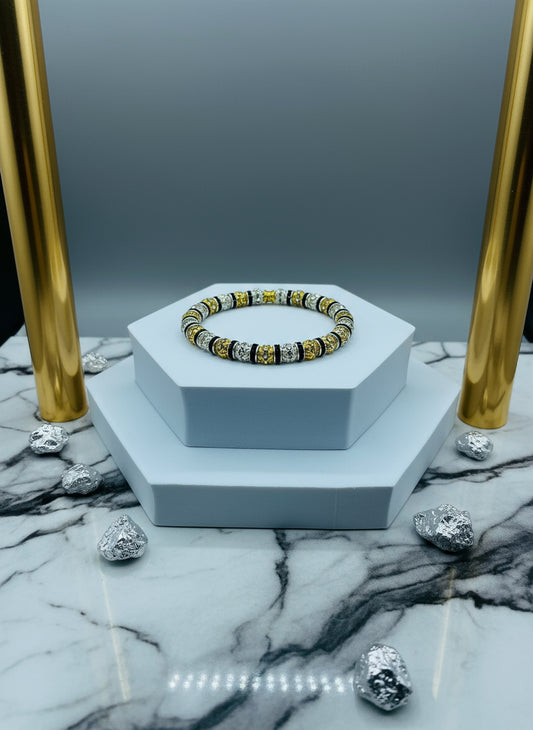 Mens Rhinestone Bracelet: Gold & Silver Plated CZ Beads