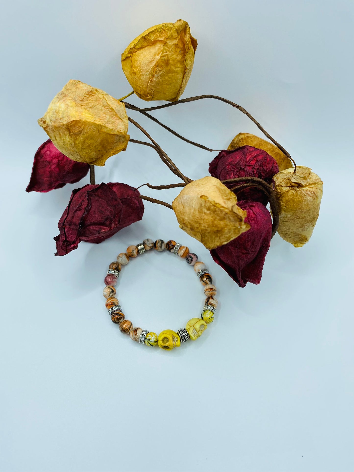 Dia de Los Muertos Skull Bracelet: Turquoise Skull Beads, Rhinestone Spacers