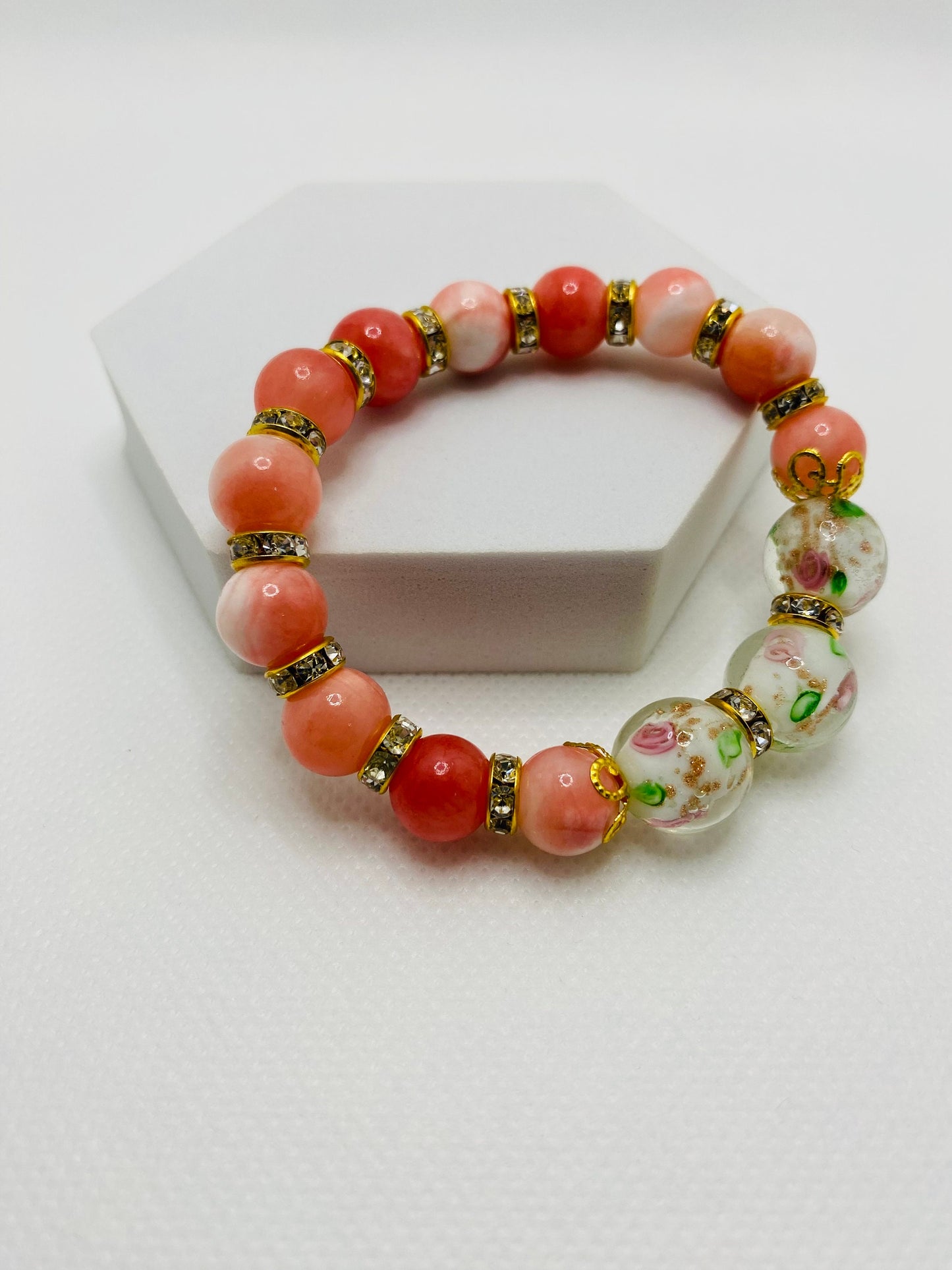 Jade Bracelet: Pink Lampwork Glass Beads, 18k Gold Rondelles