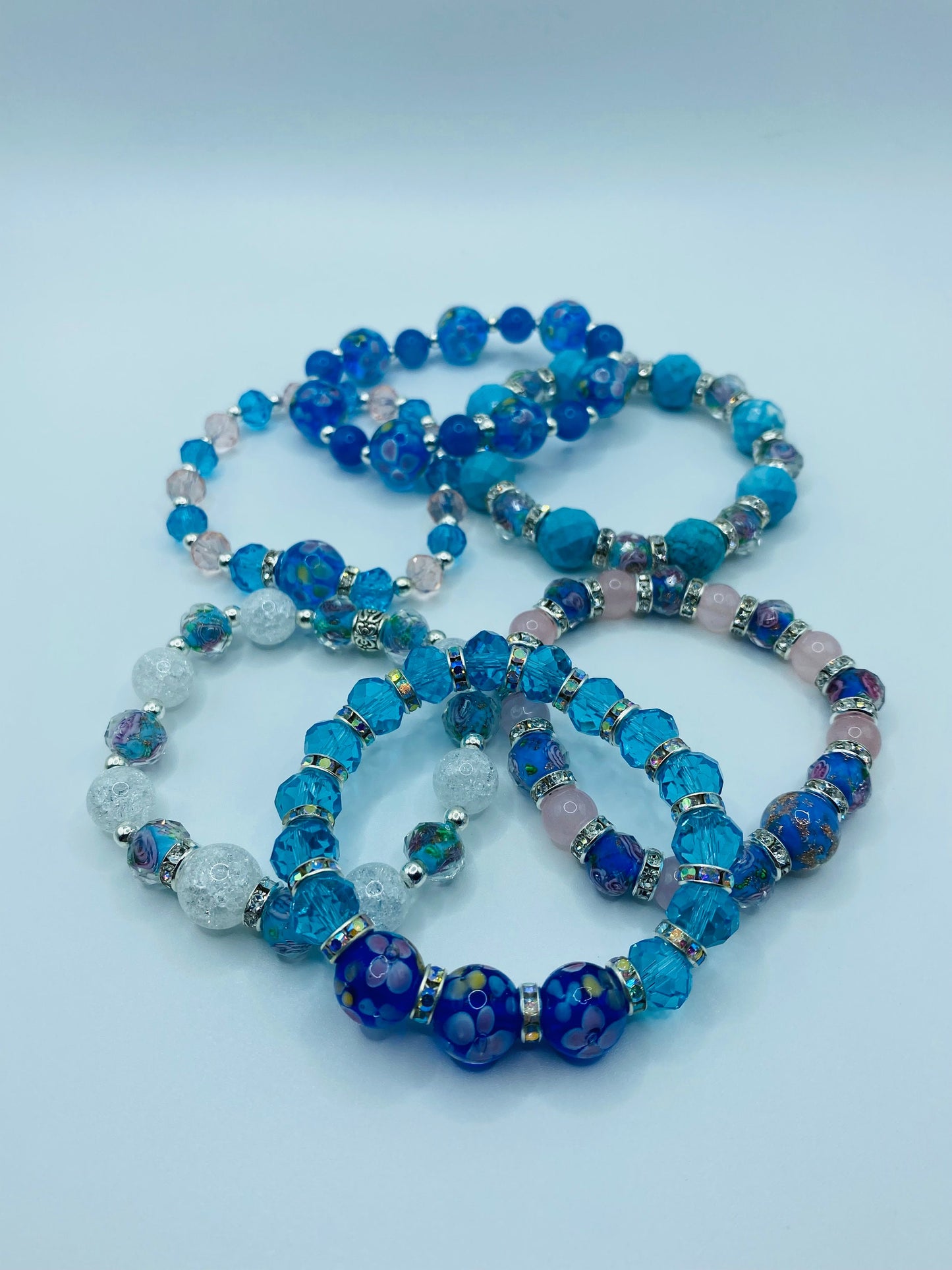 Blue Topaz Crystal Bracelet: Lampwork Floral Glass Beads, Rhinestone Rondelles