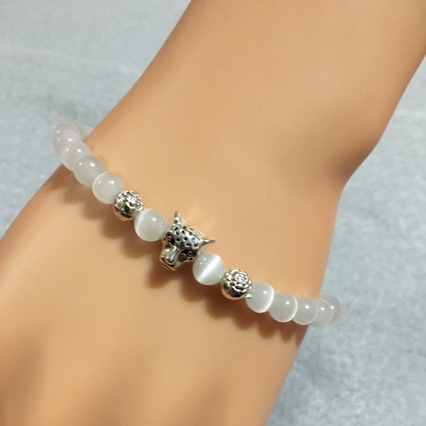 Leopard Charm Bracelet: White Cats Eye Bead, Silver Accents
