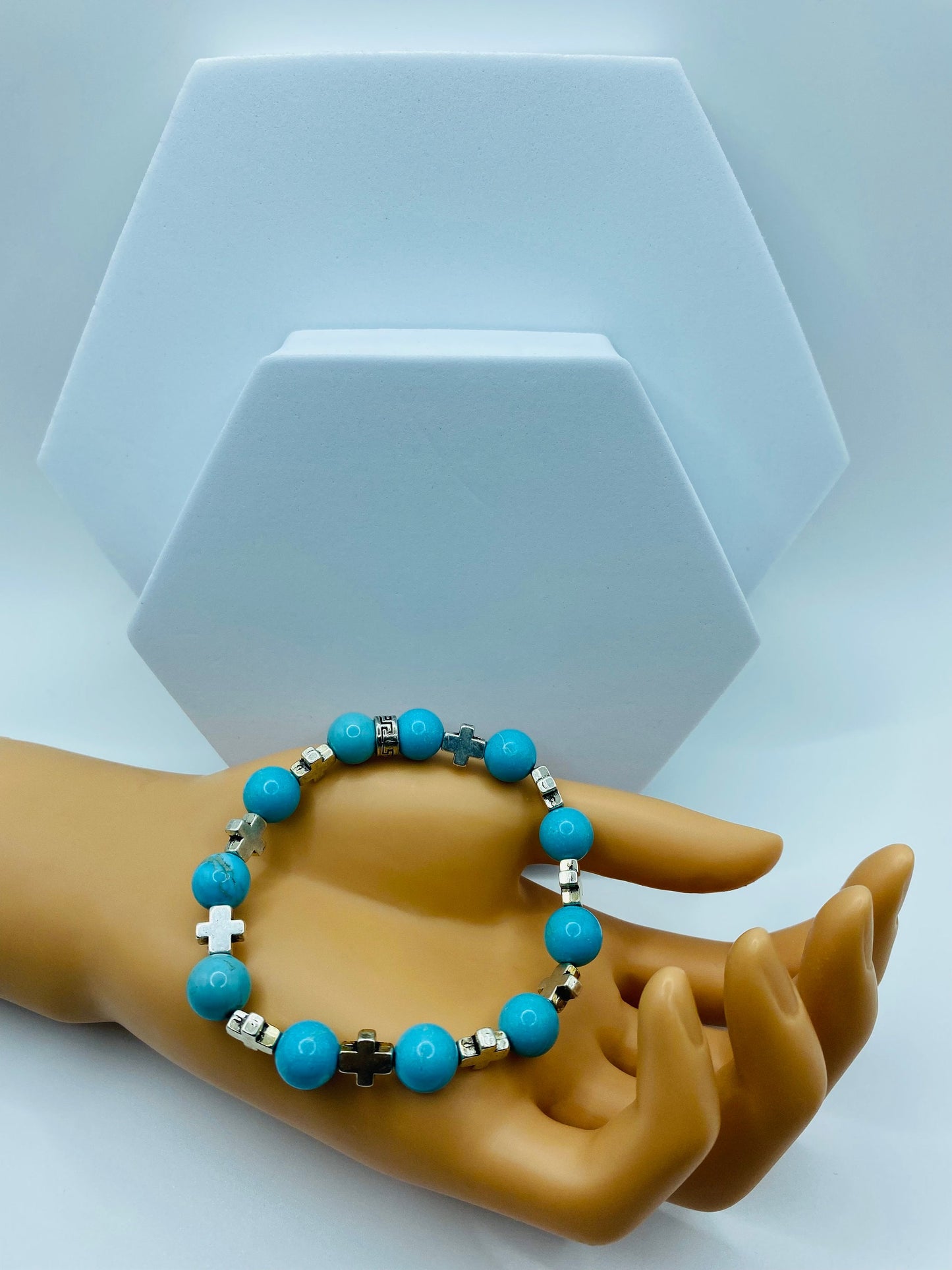 Turquoise Cross Bracelet: Religious Silver Charm Jewelry