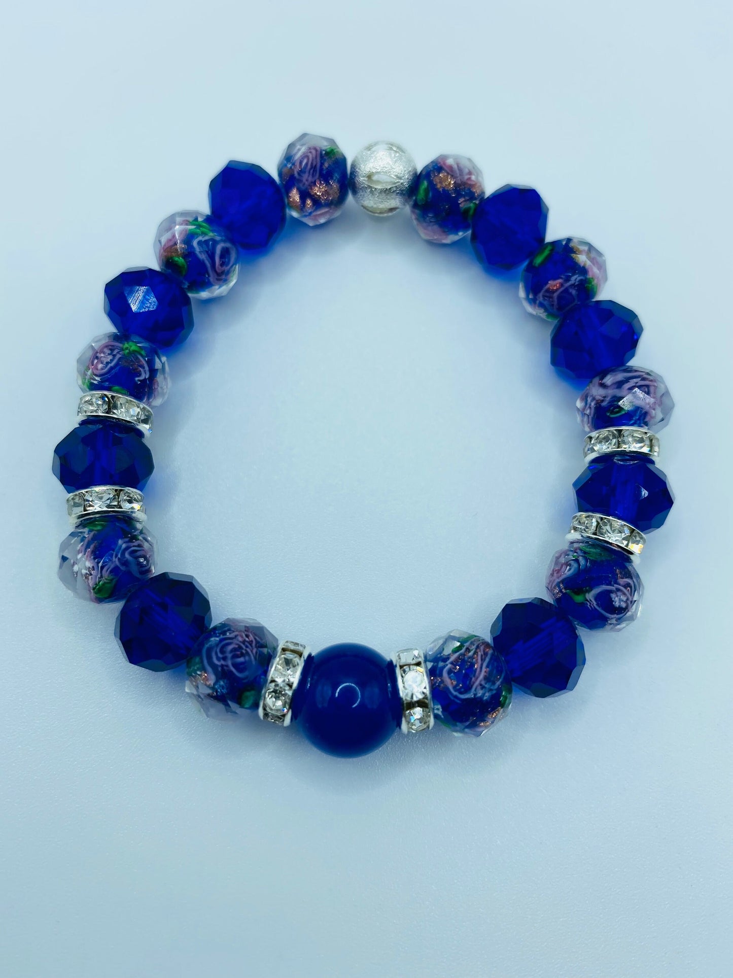 Blue Chalcedony Bracelet: Lampwork Floral Glass Beads, Rhinestone Accents