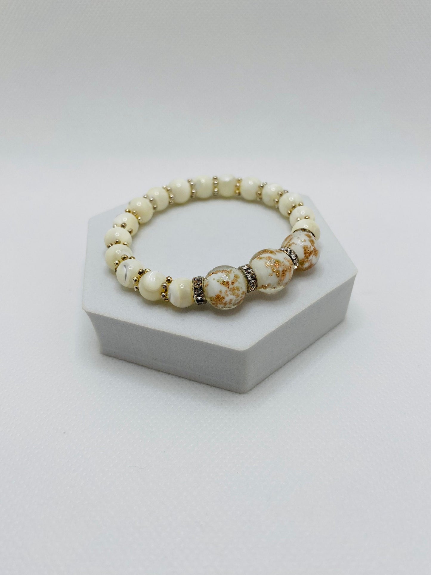 Handmade Mother of Pearl Bracelet: Lampwork Glass Beads, Silver Snowflakes