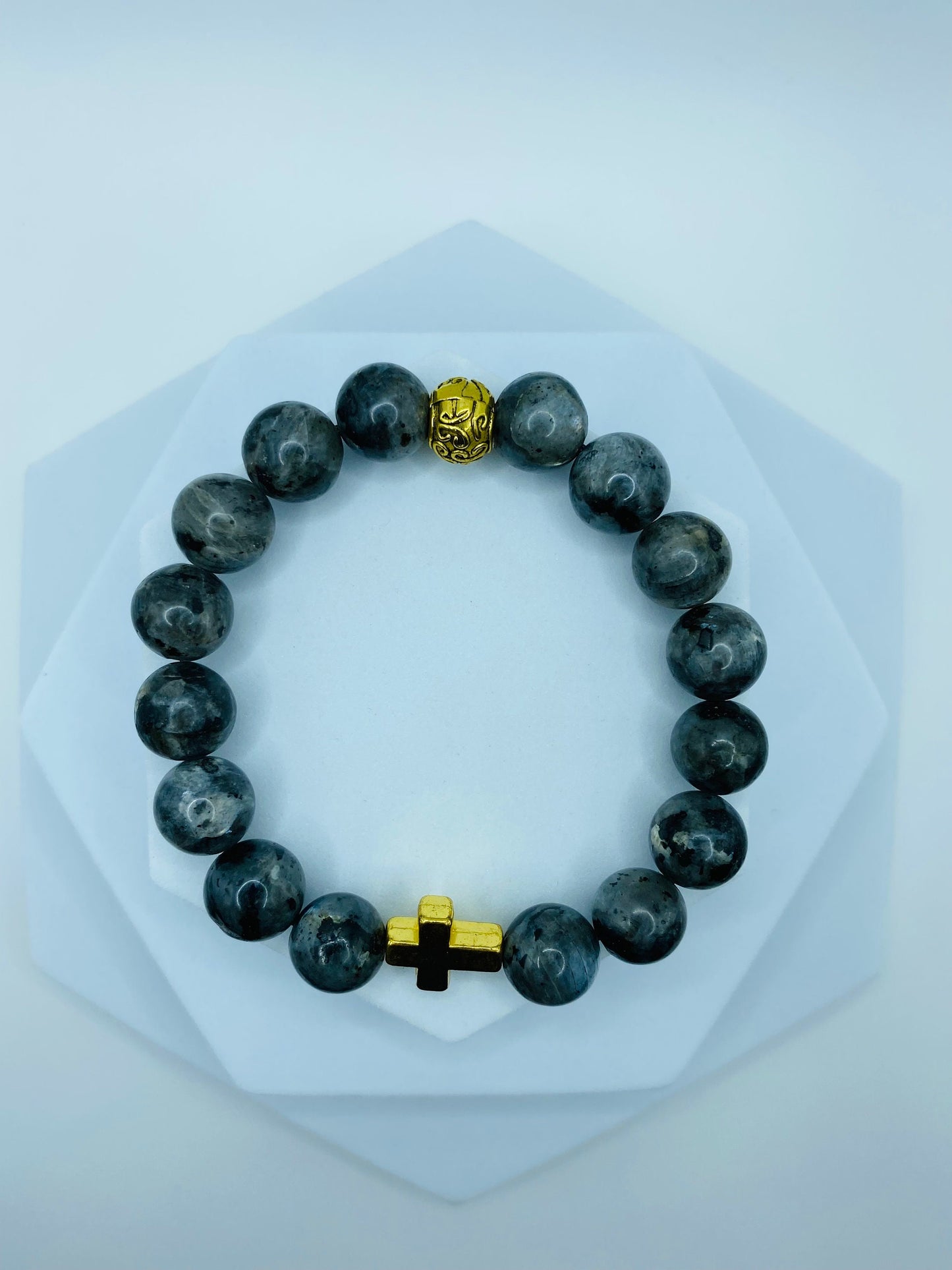 Labradorite Bracelet with Gold Cross Charm: Religious Jewelry Gift