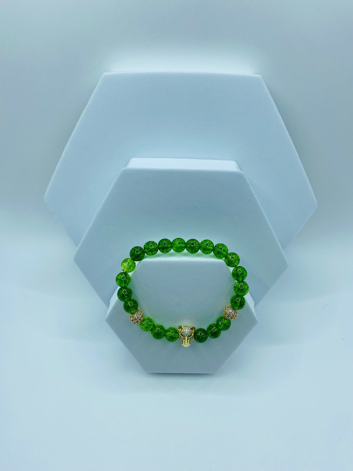 Mens Quartz Crystal Bracelet: Gold Tiger Charm, CZ Beads