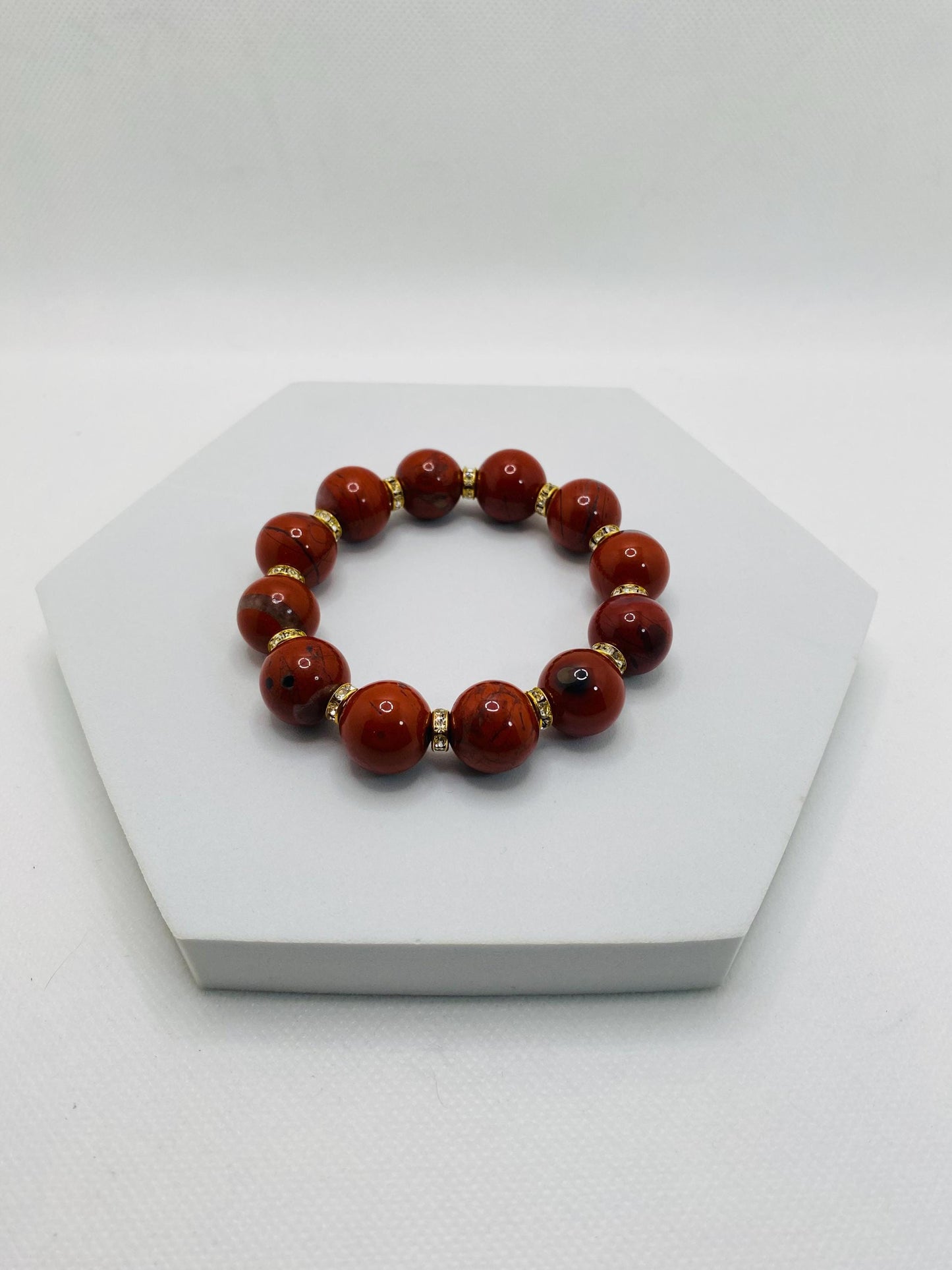 Handmade Chunky Red Jasper Bracelet: Rhinestone Gemstone Jewelry