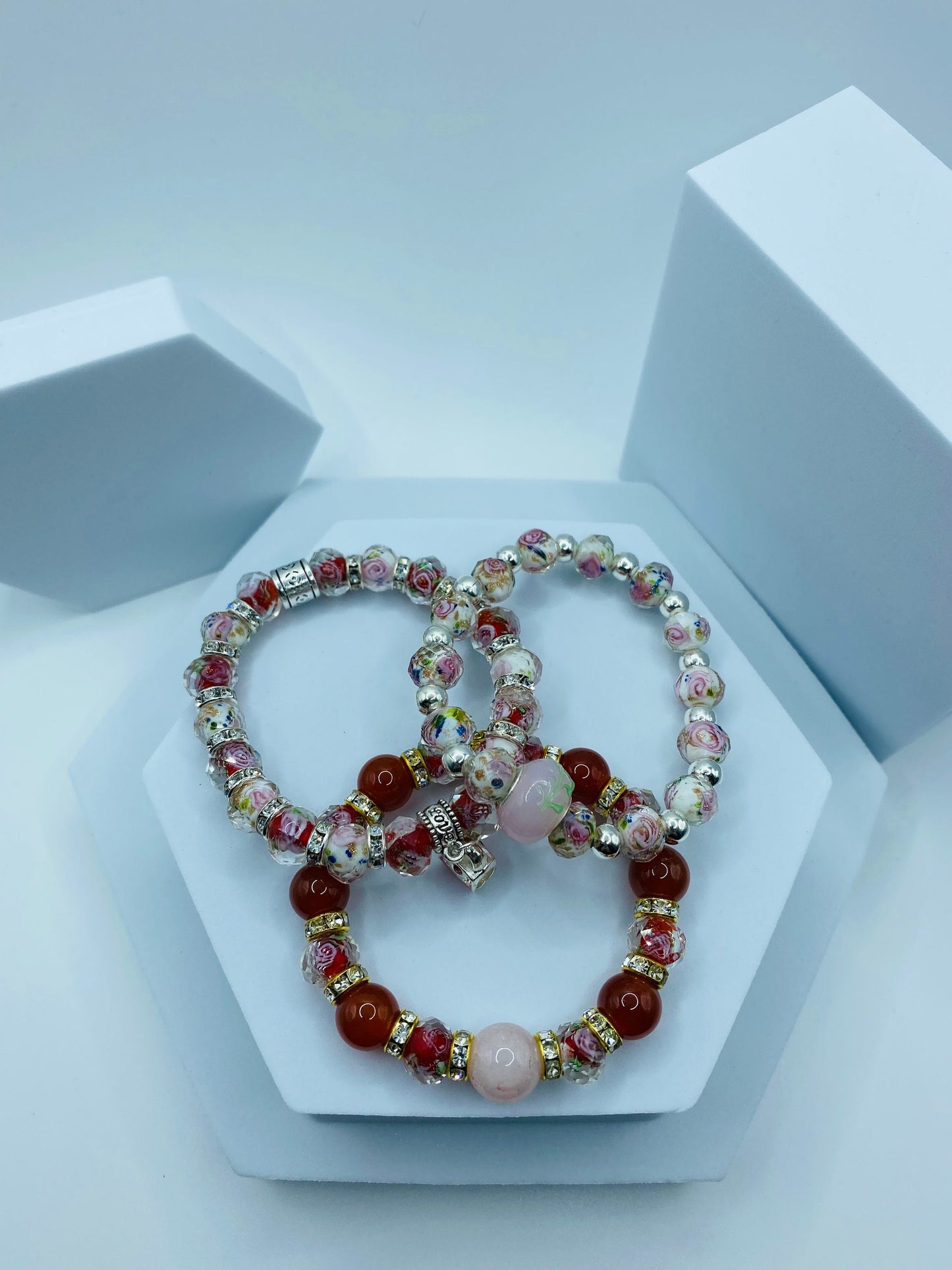 Rose Quartz Bracelet: Red Carnelian, Lampwork Floral Glass Beads