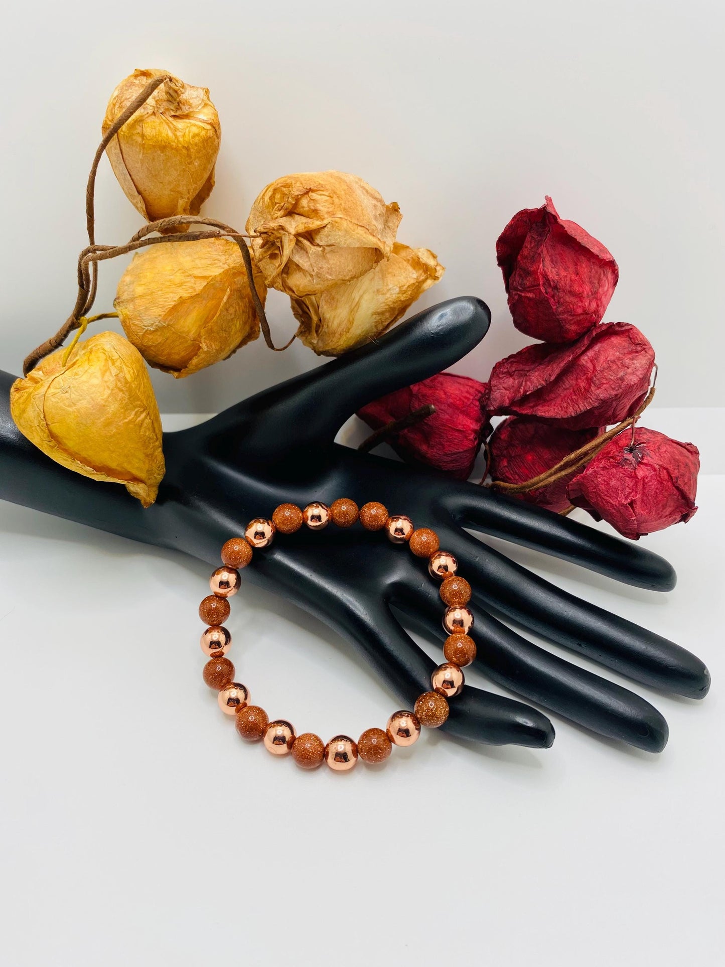 Rose Gold Hematite Bracelet: Natural Goldstone Gemstone Beads