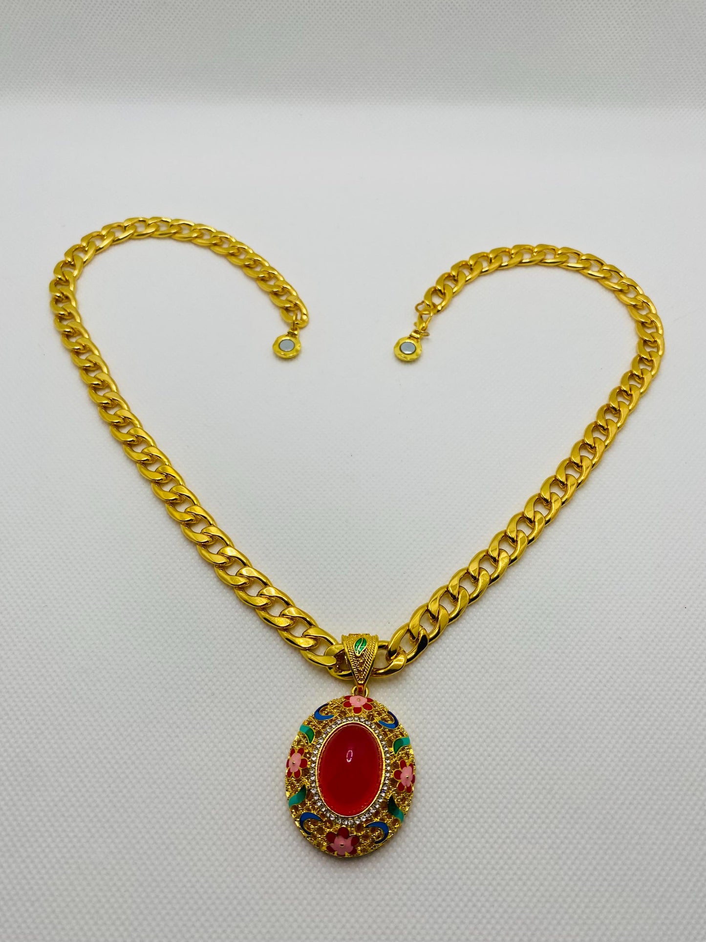 Red Agate Pendant Necklace: Gold Plated Cuban Link Chain Boho Jewelry