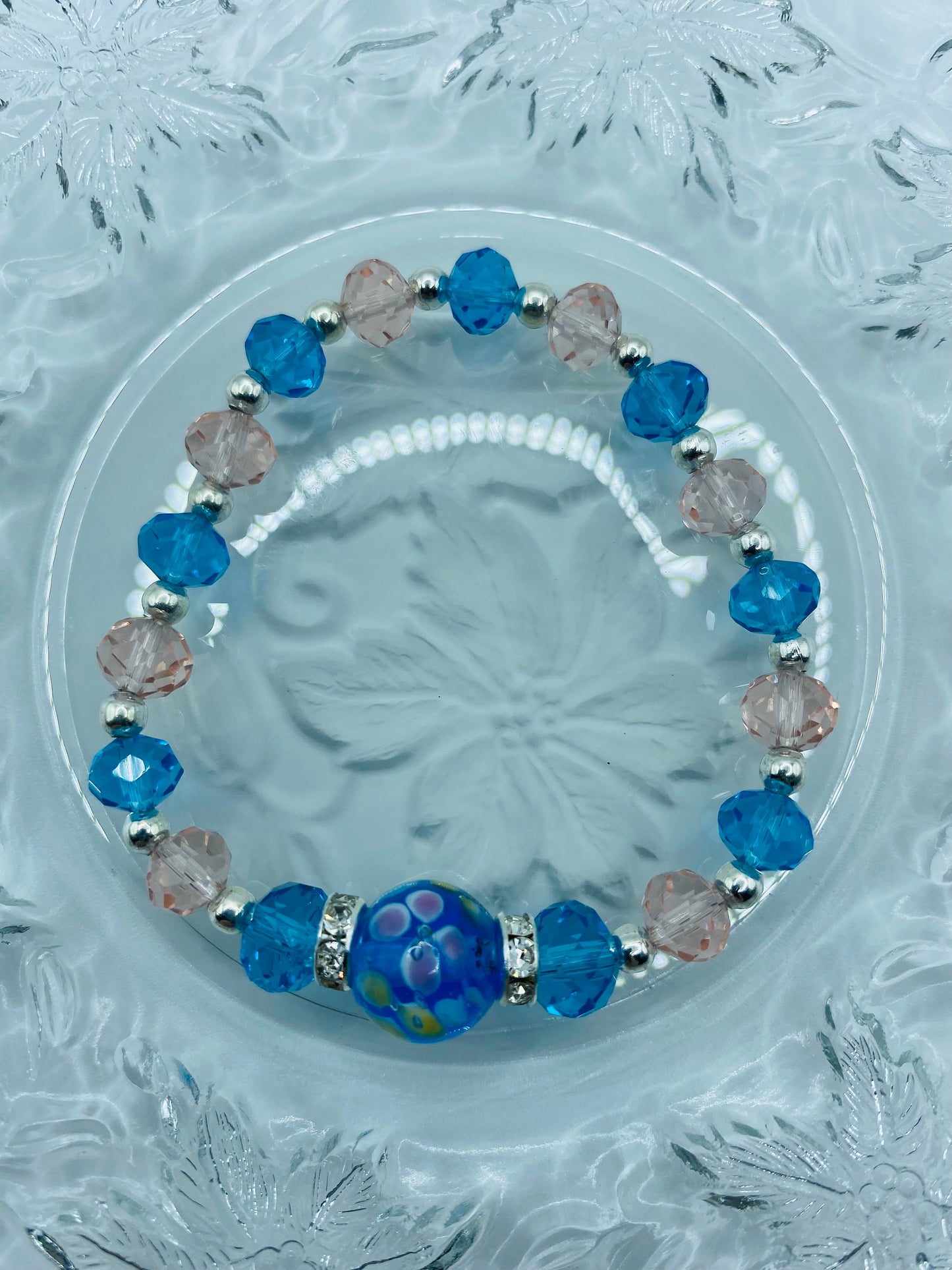 Floral Lampwork Glass Bead Bracelet: Pink & Blue Crystal