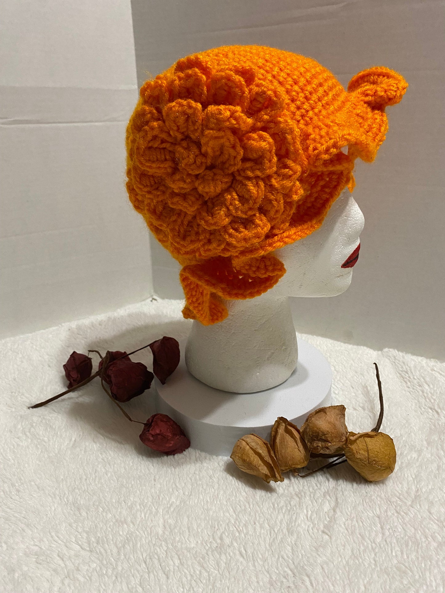 Crochet Bucket Hat with Flower: Orange Acrylic Handmade Women's Hat