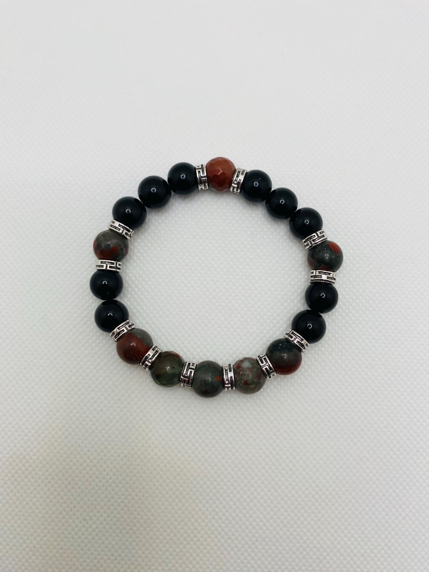 Mens Beaded Bracelet with Onyx & African Jasper Bloodstones, Tibetan Jewelry, Gifts for Men