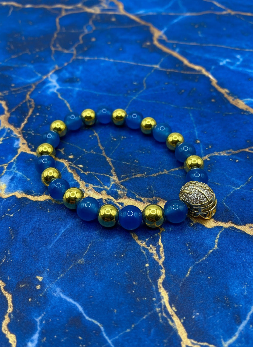 UCLA Football Bracelet: Blue Agate, Gold Helmet Charm