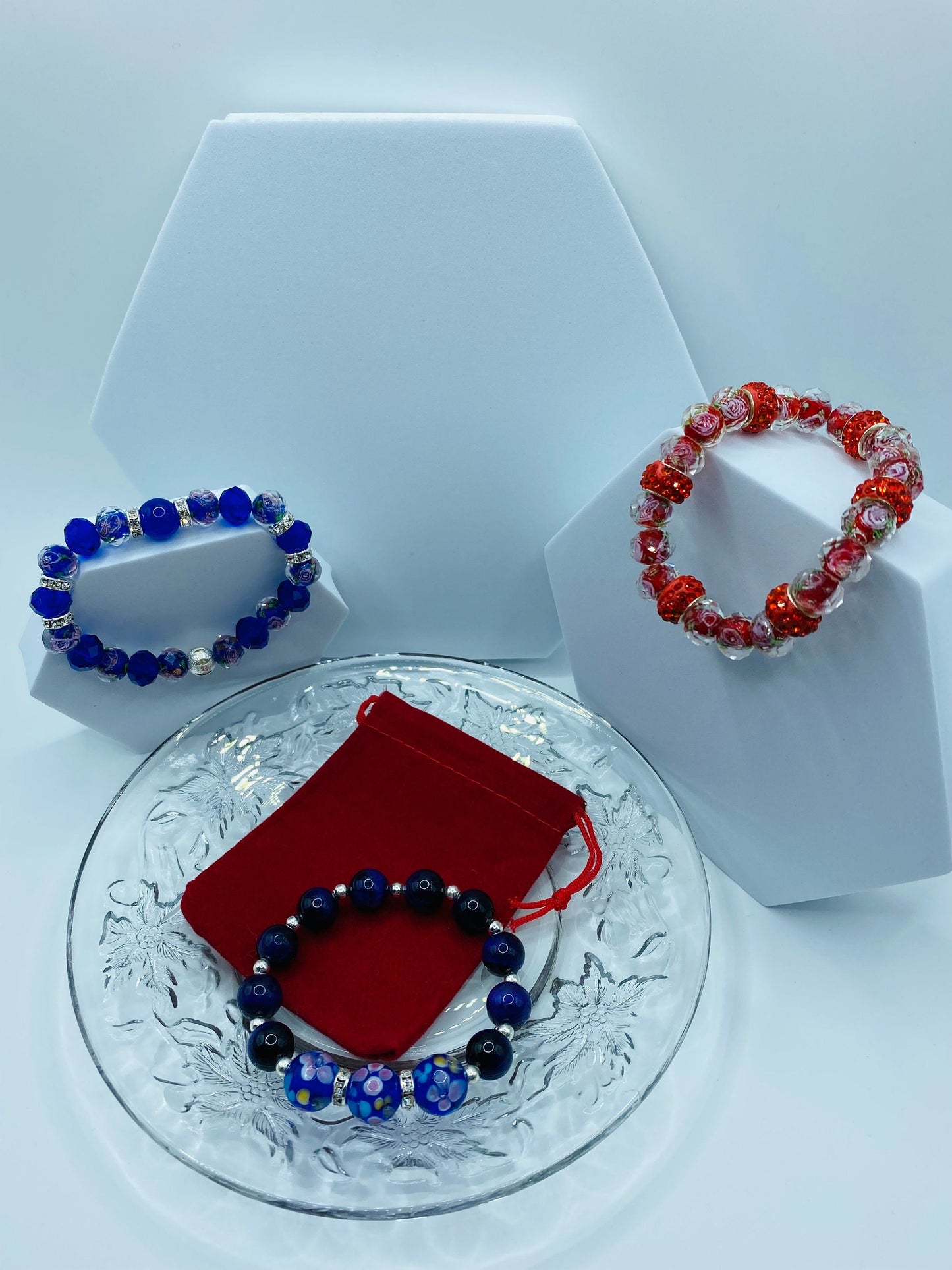 Blue Floral Lampwork Glass Bead Bracelet: Tigers Eye & Hematite