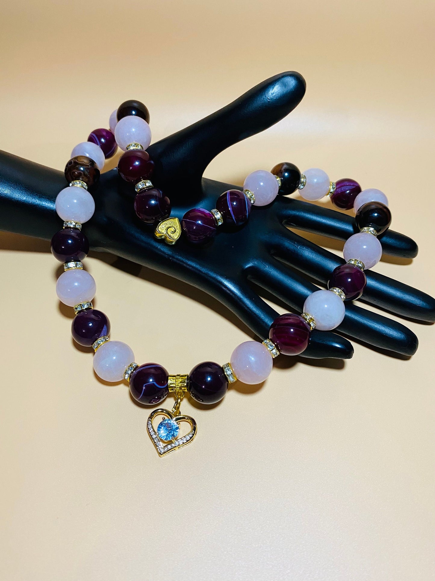 Handmade Rose Quartz Agate Beaded Necklace with Gold Heart Charm