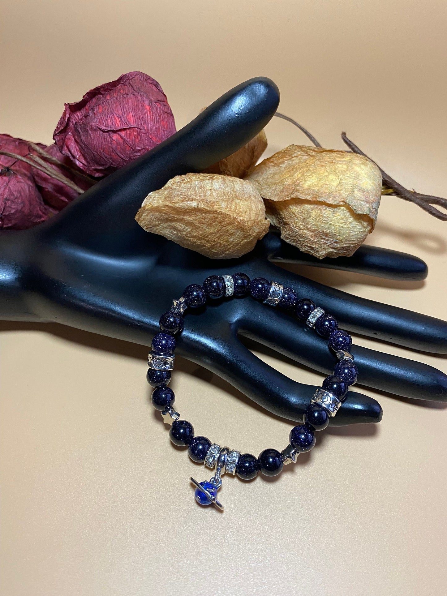 Charm Bracelet, White Gold Bracelet with Saturn Celestial Jewelry, Blue Sandstone Gemstone Beads