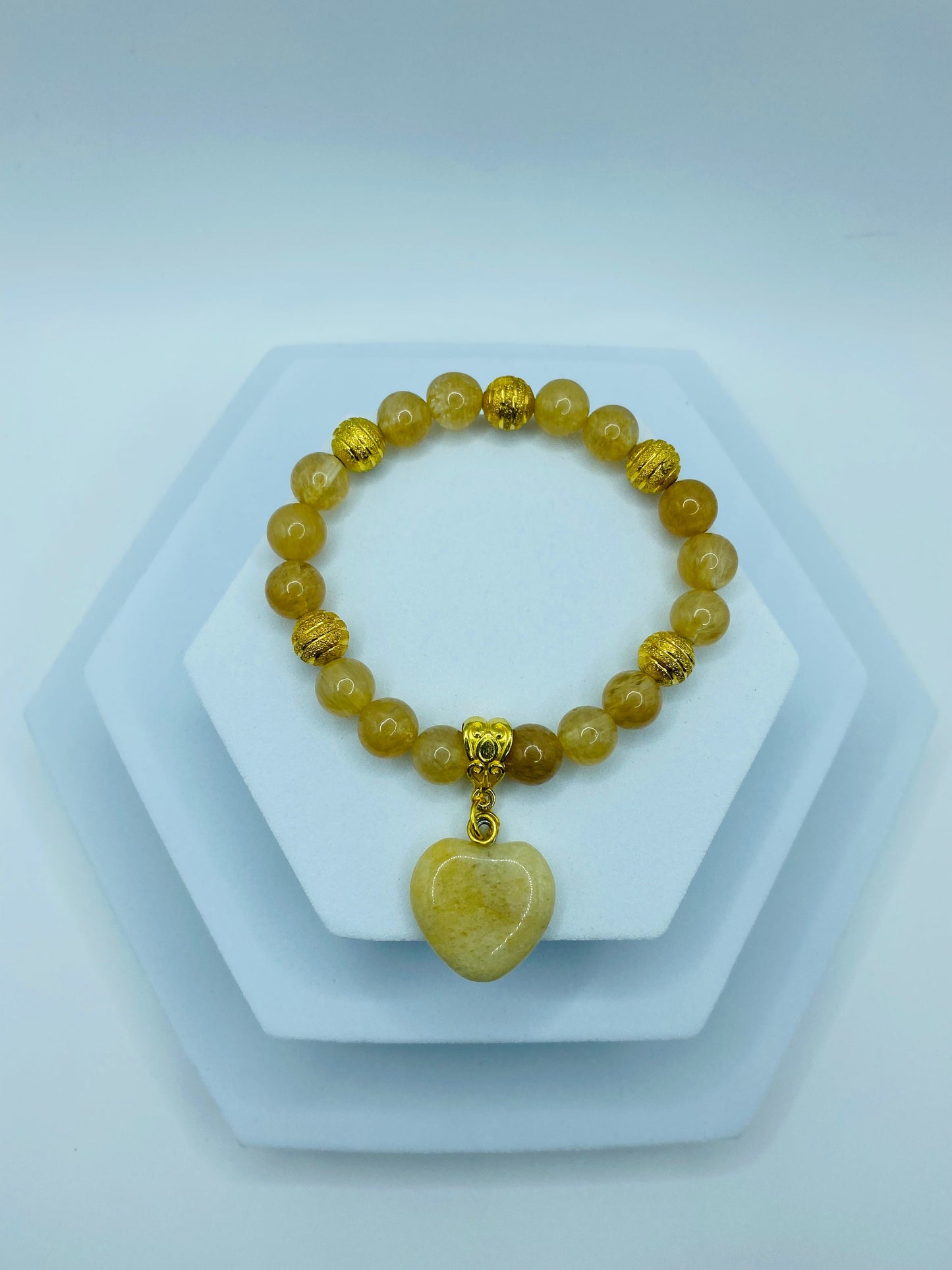 Rutilated Quartz Bracelet: 18K Gold Plated Heart Charm, Gemstone Beads