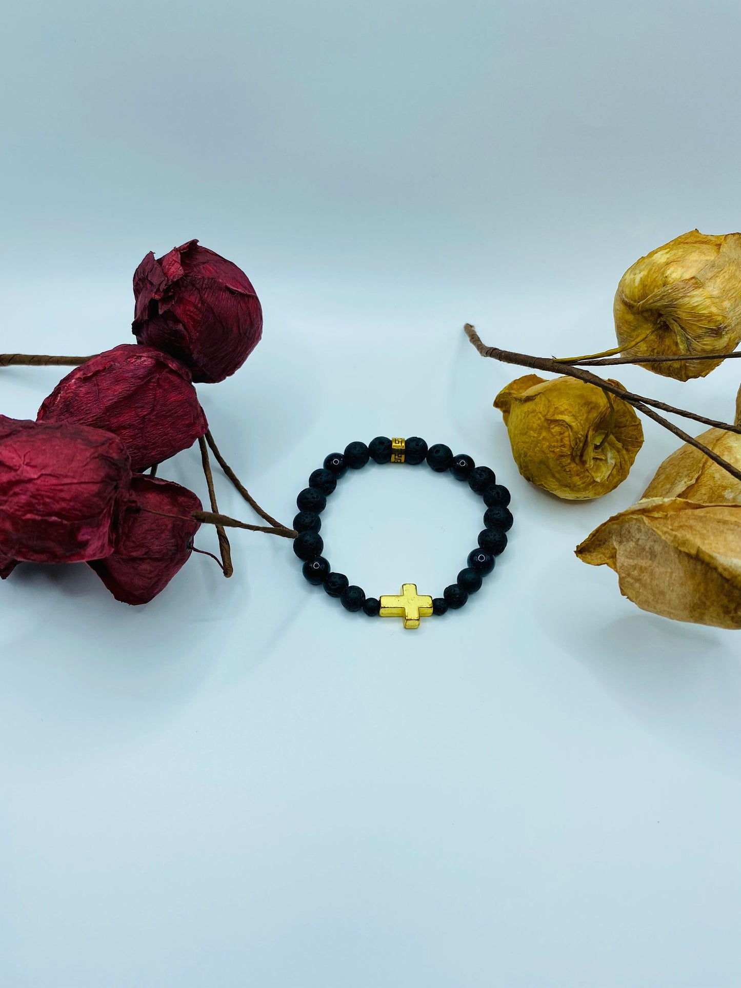 Gold Cross Lava Rock Bracelet: Black Onyx Gemstone Beads