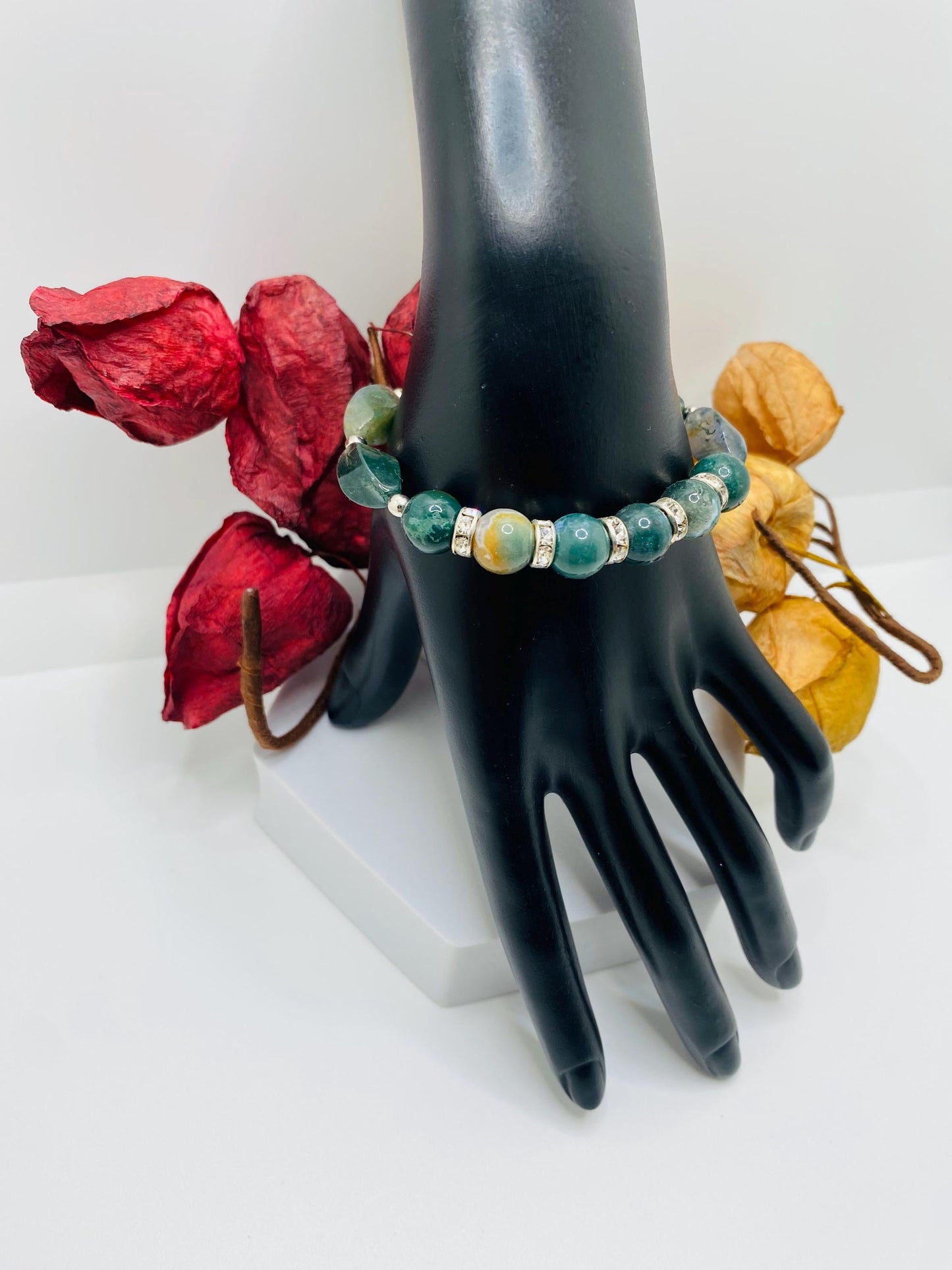 Moss Agate Beaded Bracelet: Gemstone Jewelry with Rhinestone Accents