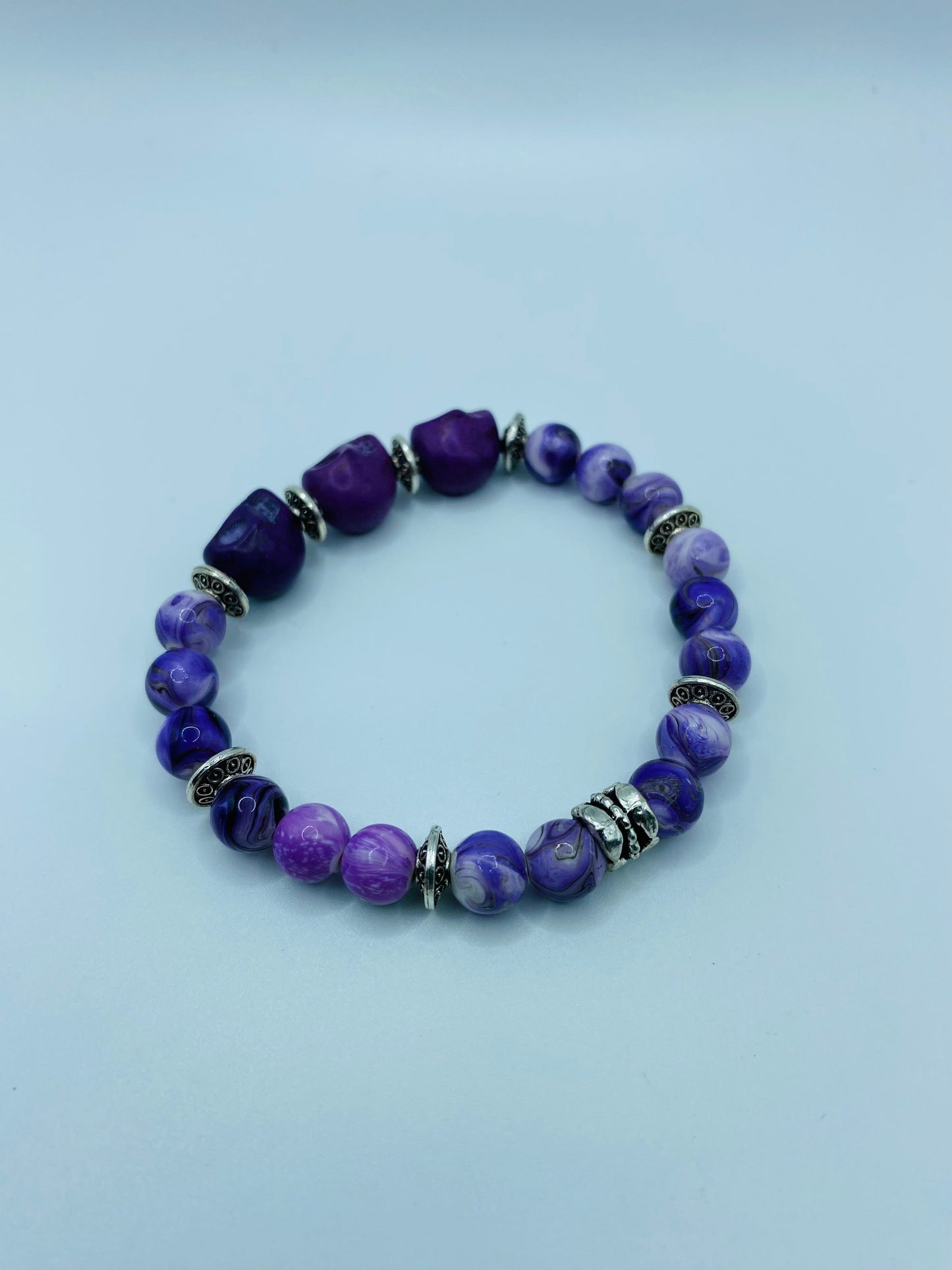 Purple Skull Charm Bracelet: Dia de Los Muertos Gemstone Jewelry
