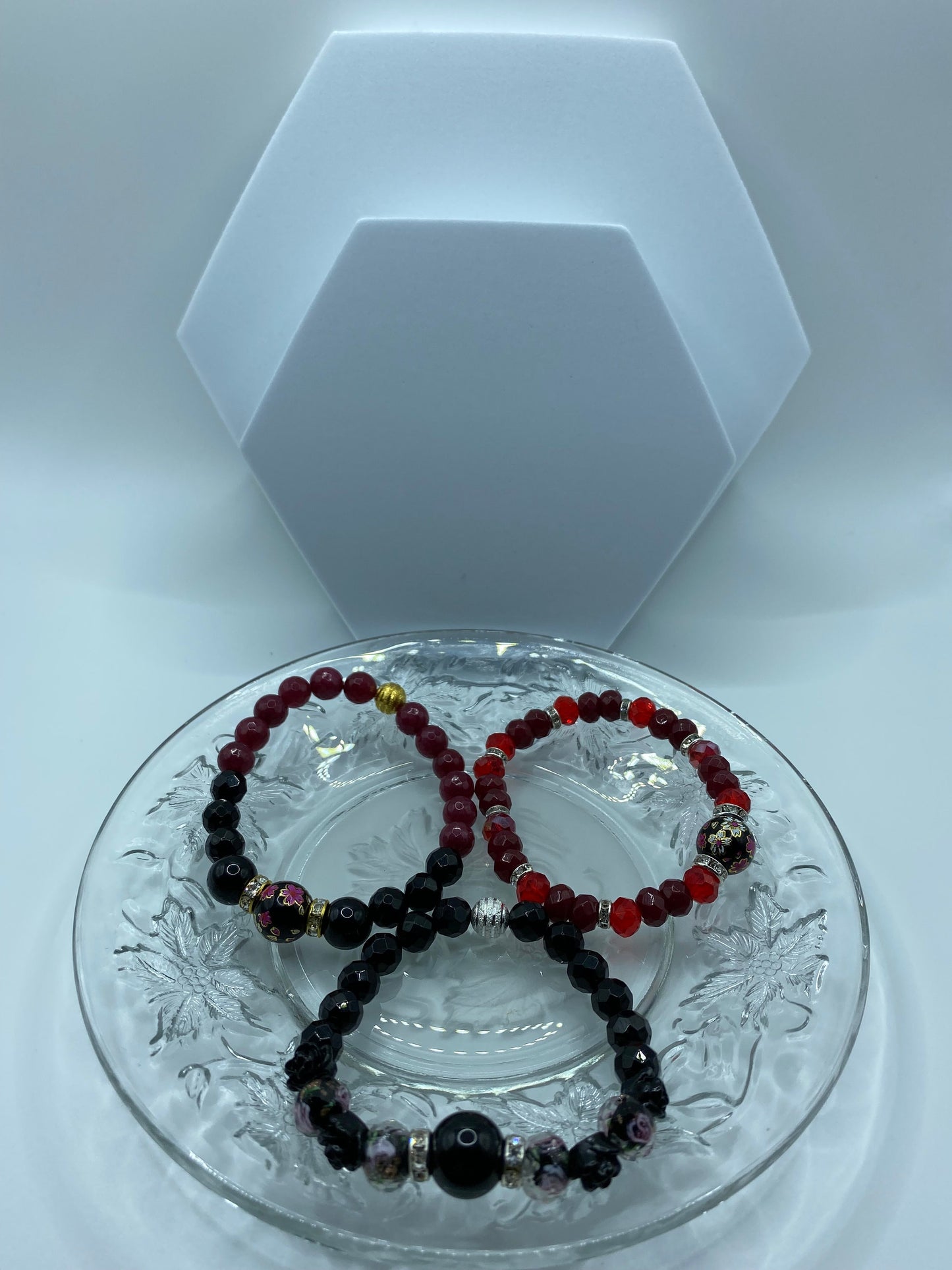 Black Onyx Bracelet: Lampwork Floral Glass Beads & Roses