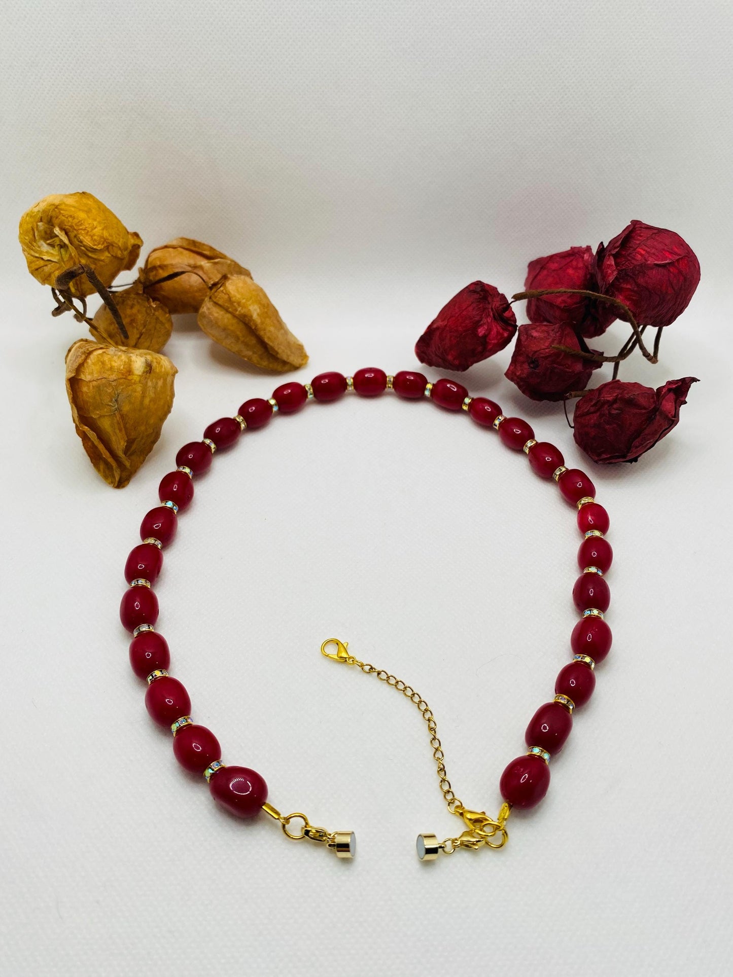 Red Jade Gemstone Necklace: Rhinestone Rondelles, Magnetic Clasp