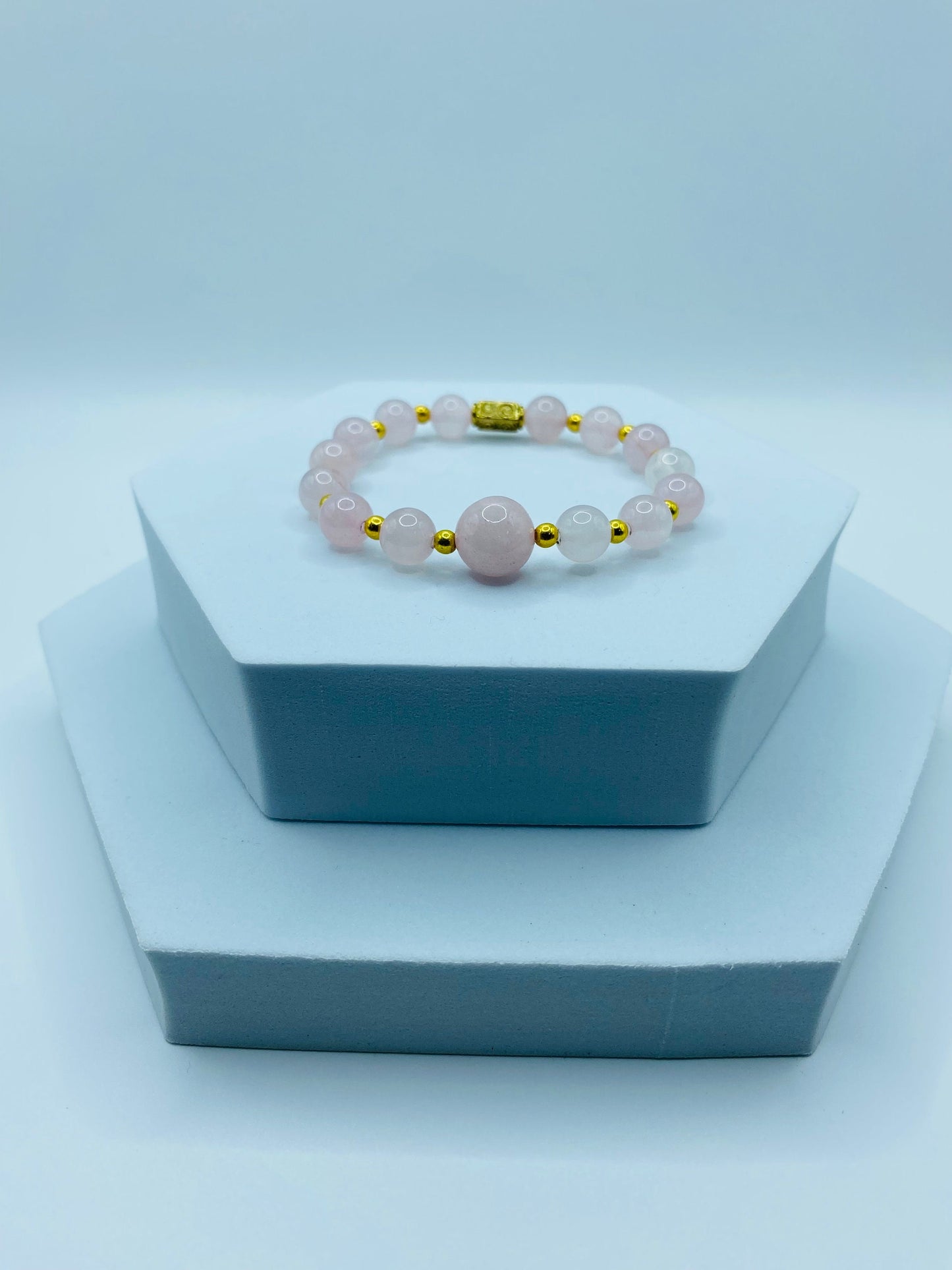 Handmade Rose Quartz Bracelet: 18k Gold Plated Hematite Beads