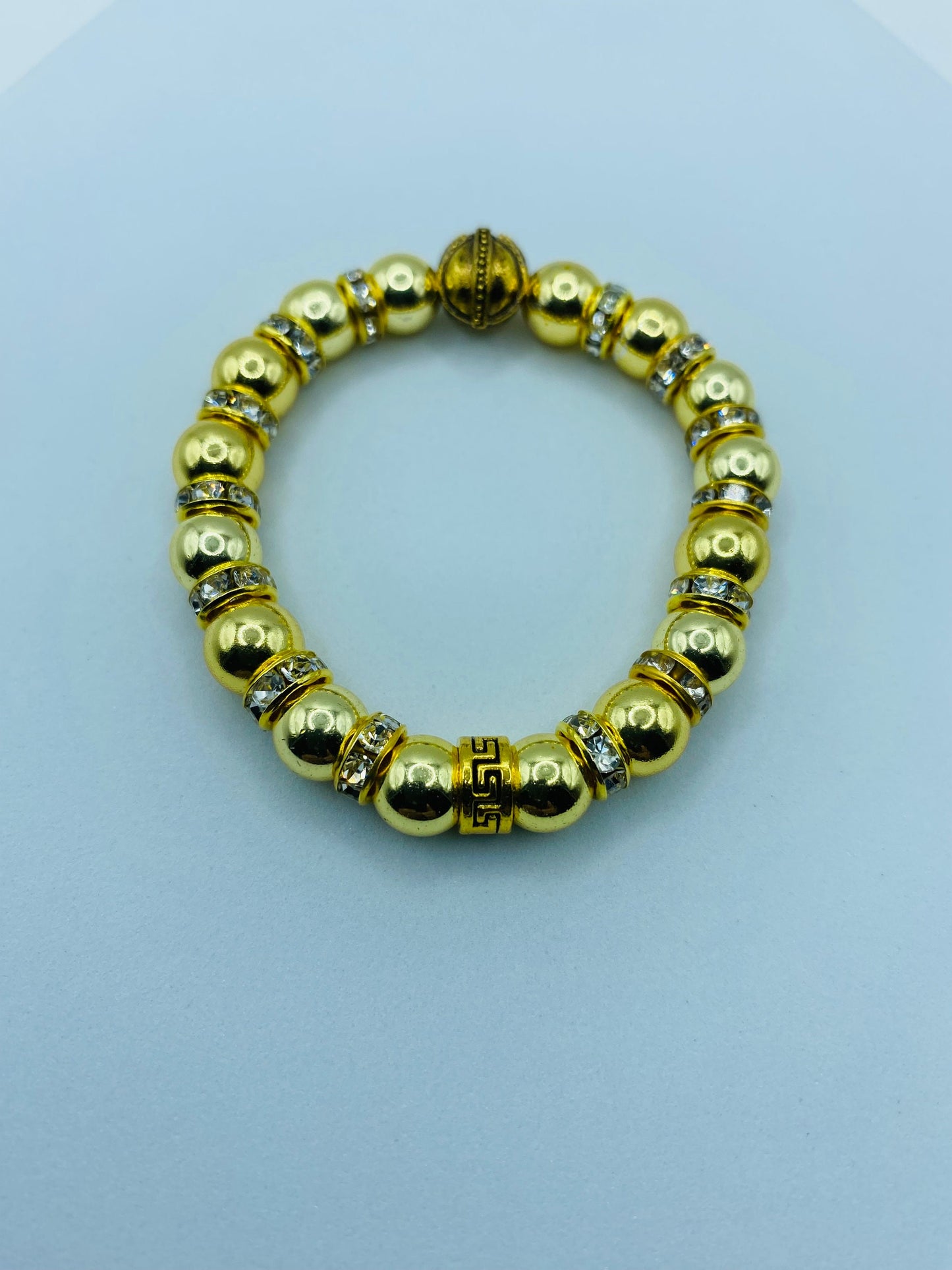 Mens Gold Hematite Bracelet: Spartan Helmet Charm, Rhinestone Rondelle Accents