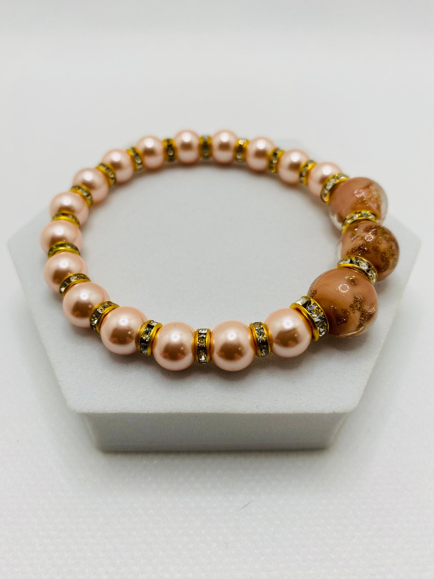 Pink Mother of Pearl Bracelet: Lampwork Glass Beads & Gold Rondelles