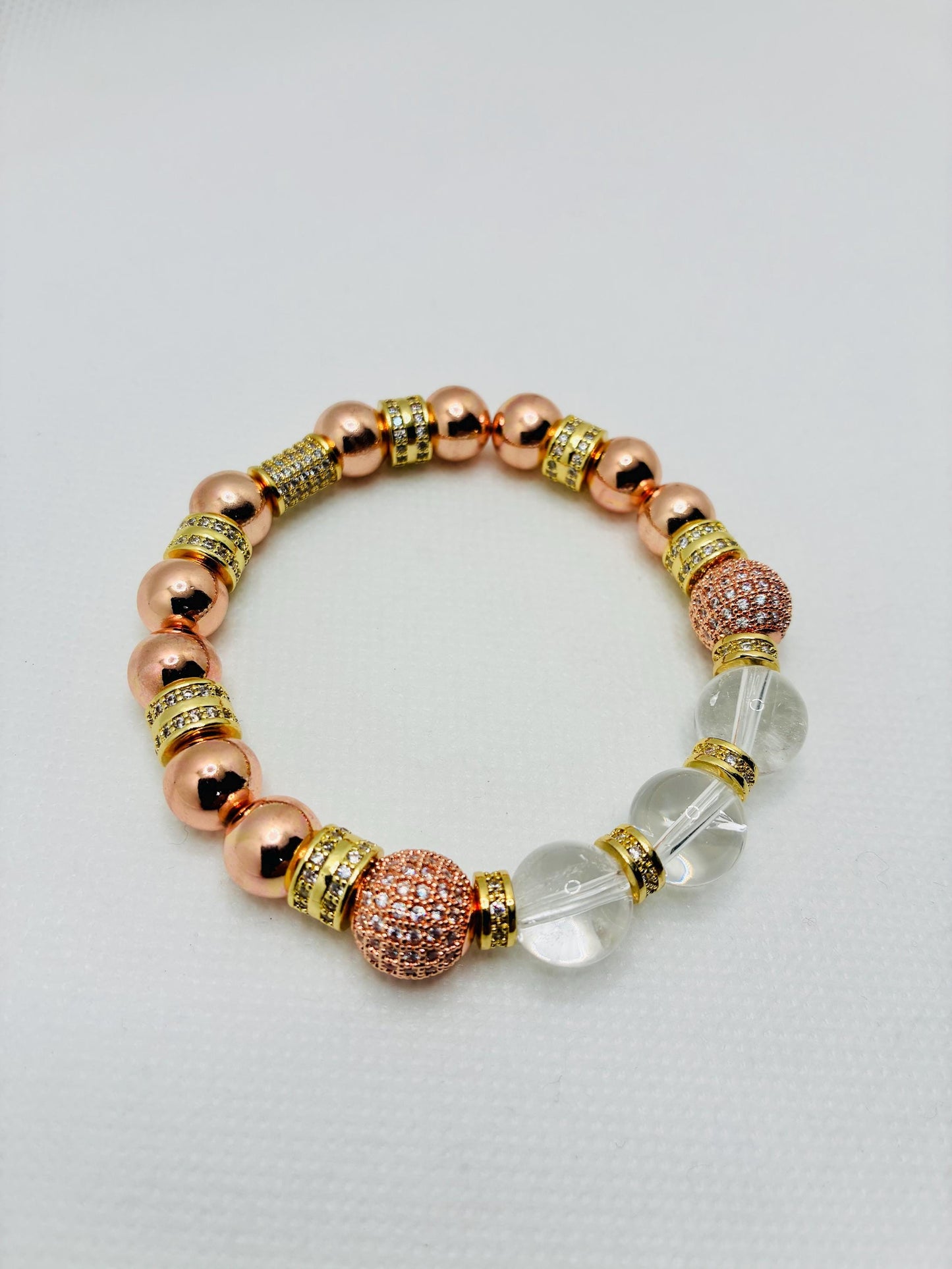 Rose Gold Plated Hematite Bracelet: Clear Quartz & Cubic Zirconia Beads