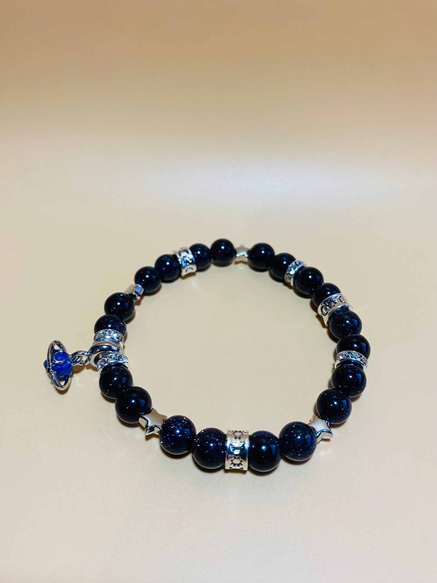 Charm Bracelet, White Gold Bracelet with Saturn Celestial Jewelry, Blue Sandstone Gemstone Beads