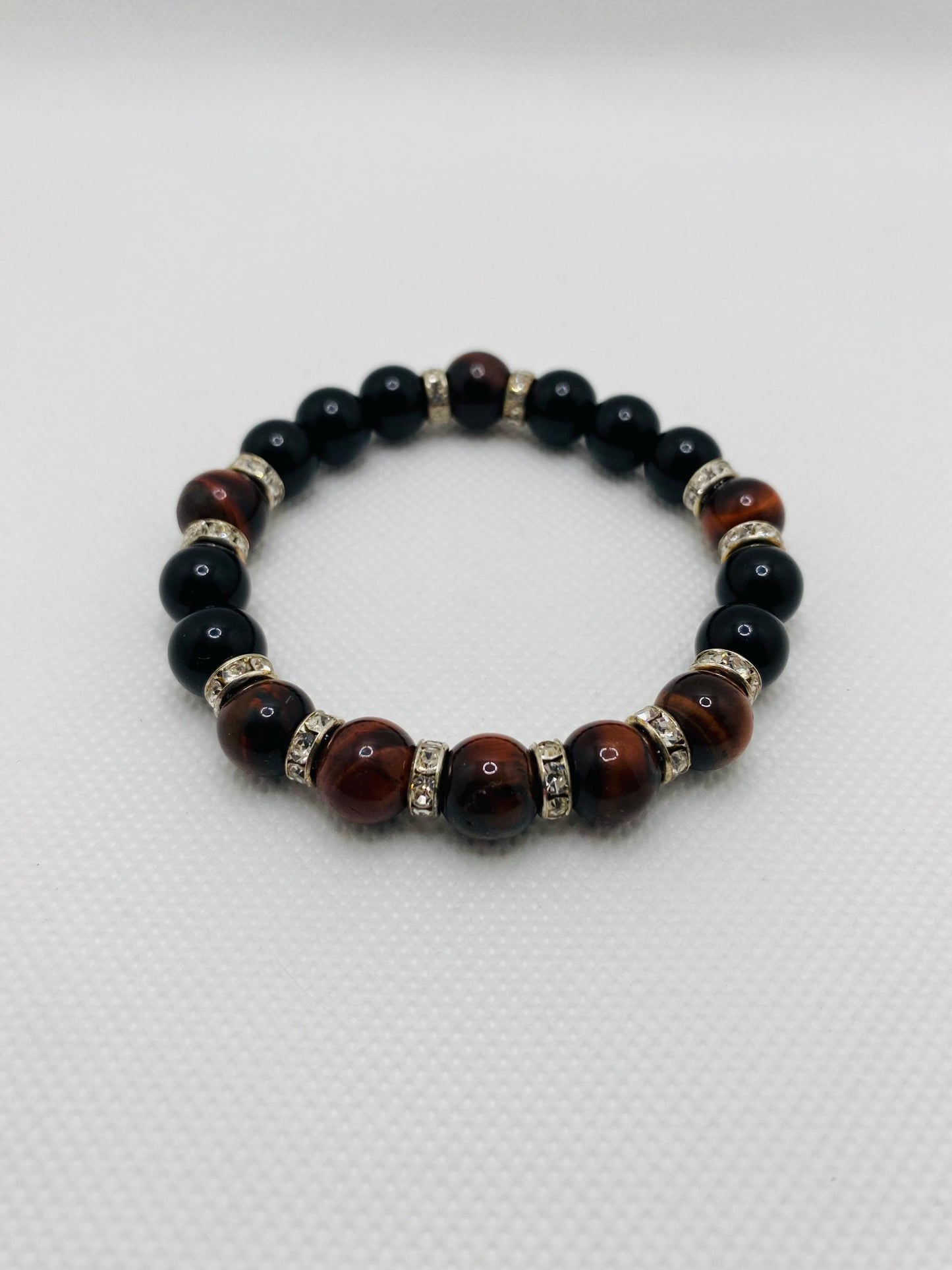 Mens Black Onyx & Red Tiger's Eye Beaded Bracelet: Handmade Gemstone Jewelry