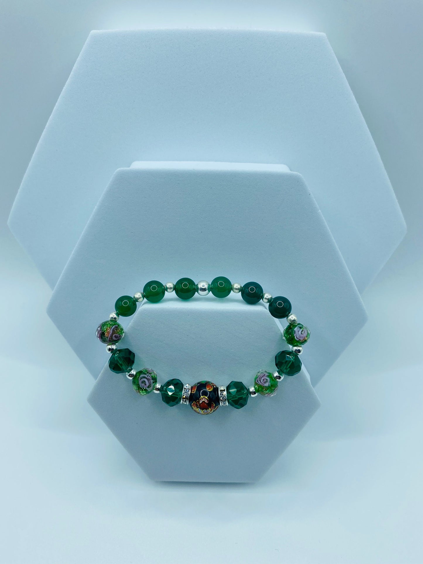 Jade Bracelet: Lampwork Floral Glass Beads & Hematite Gemstones